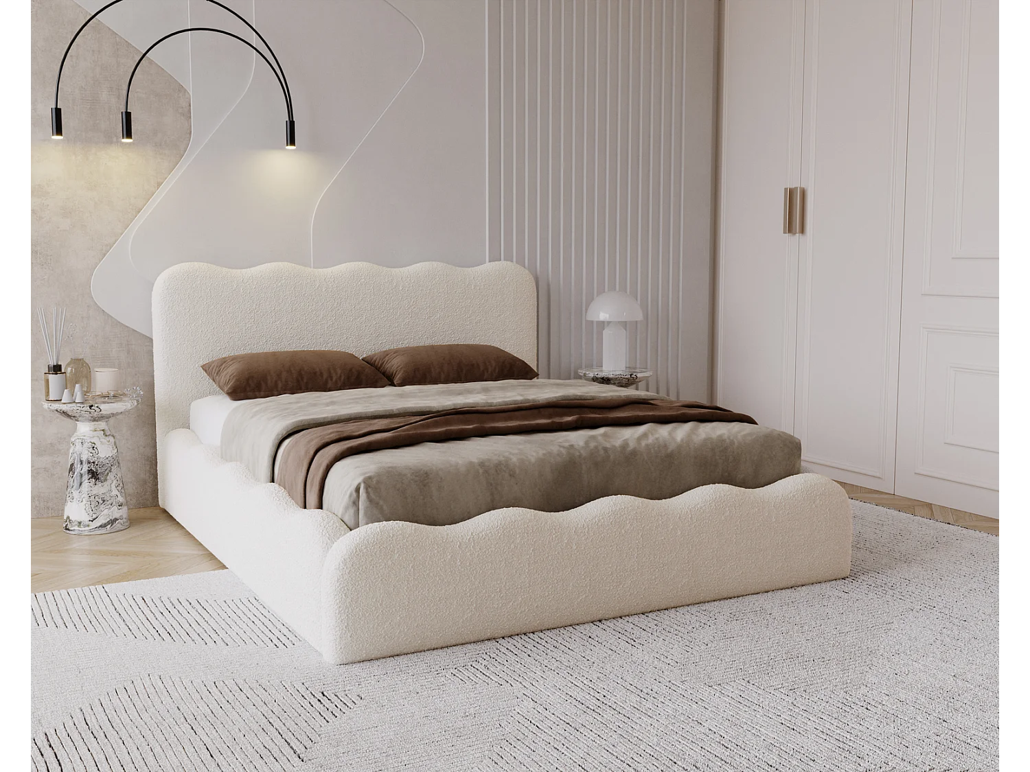 Emporius Lit avec Rangement, Lit double 200 x 200 cm Wave, Lit bouclé Beige (Anthology 3)