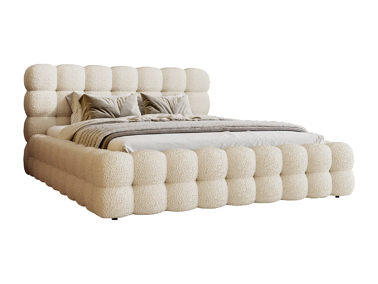 Emporius Lit capitoné Parlas Bis - Lit double 180x200 avec Sommier à Lattes, Rangement - tissu bouclé Crème (Anthology 1)