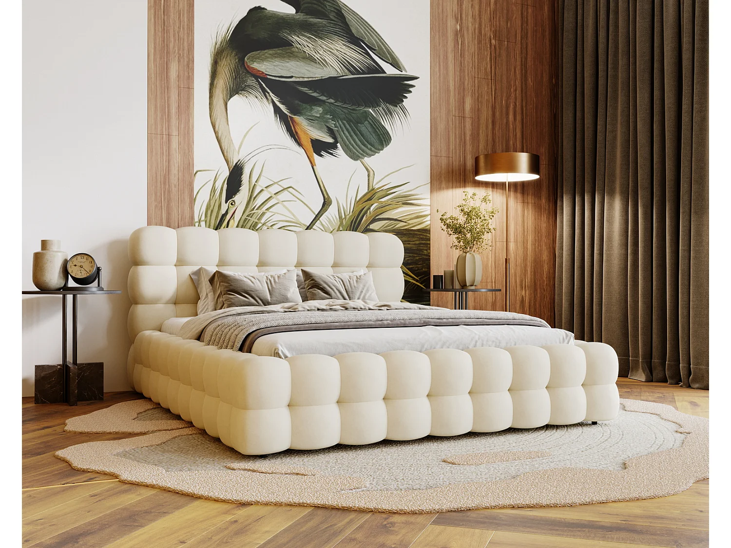 Emporius Lit capitoné Parlas Bis - Lit double 140x200 avec Sommier à Lattes, Rangement - tissu Velvet Beige (Amor Velvet 4323)
