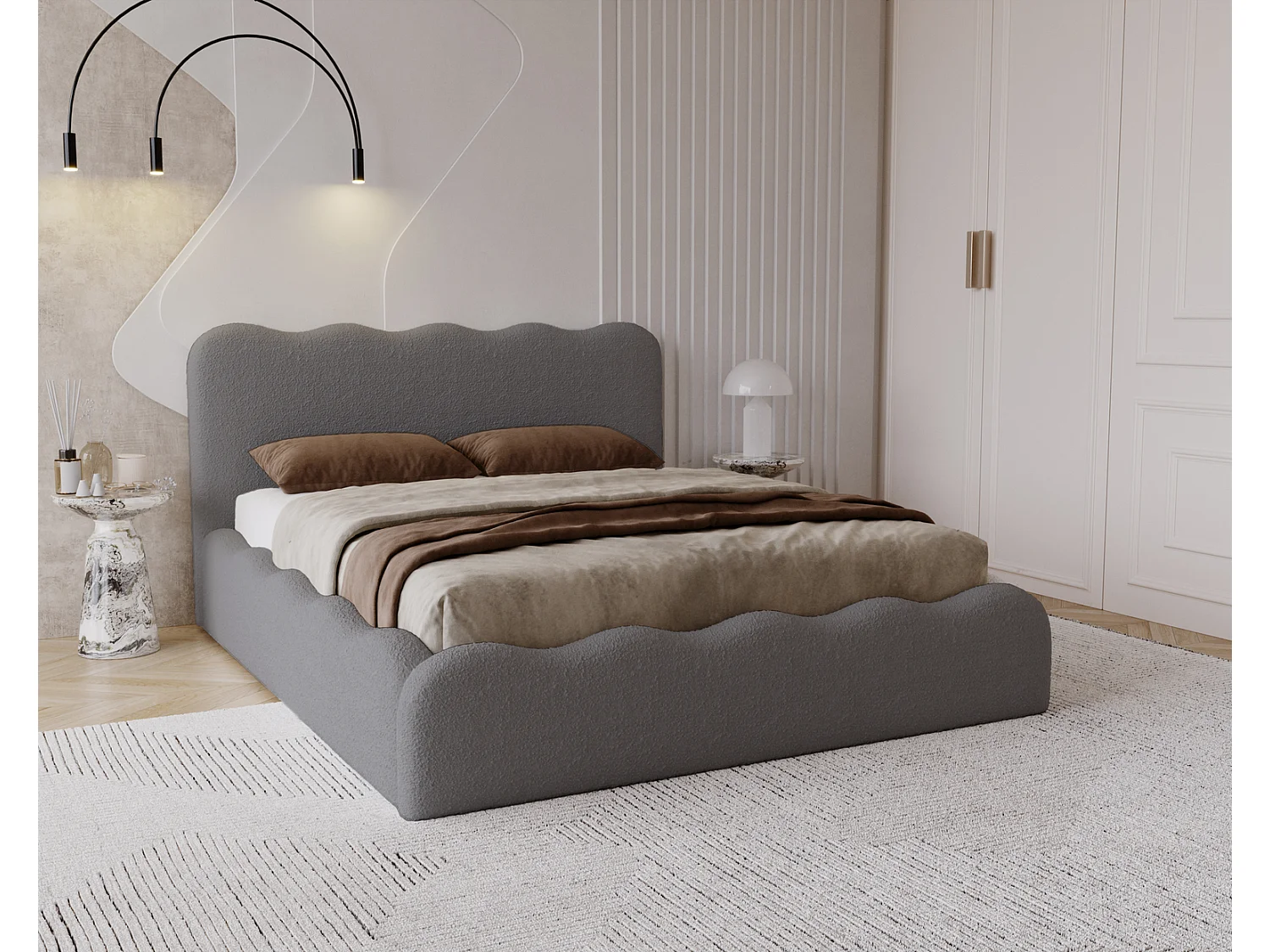 Emporius Polsterbett 200x200 Wave - Doppelbett mit Lattenrost, Bettkasten - Bouclé Dunkelgrau (Anthology 18)