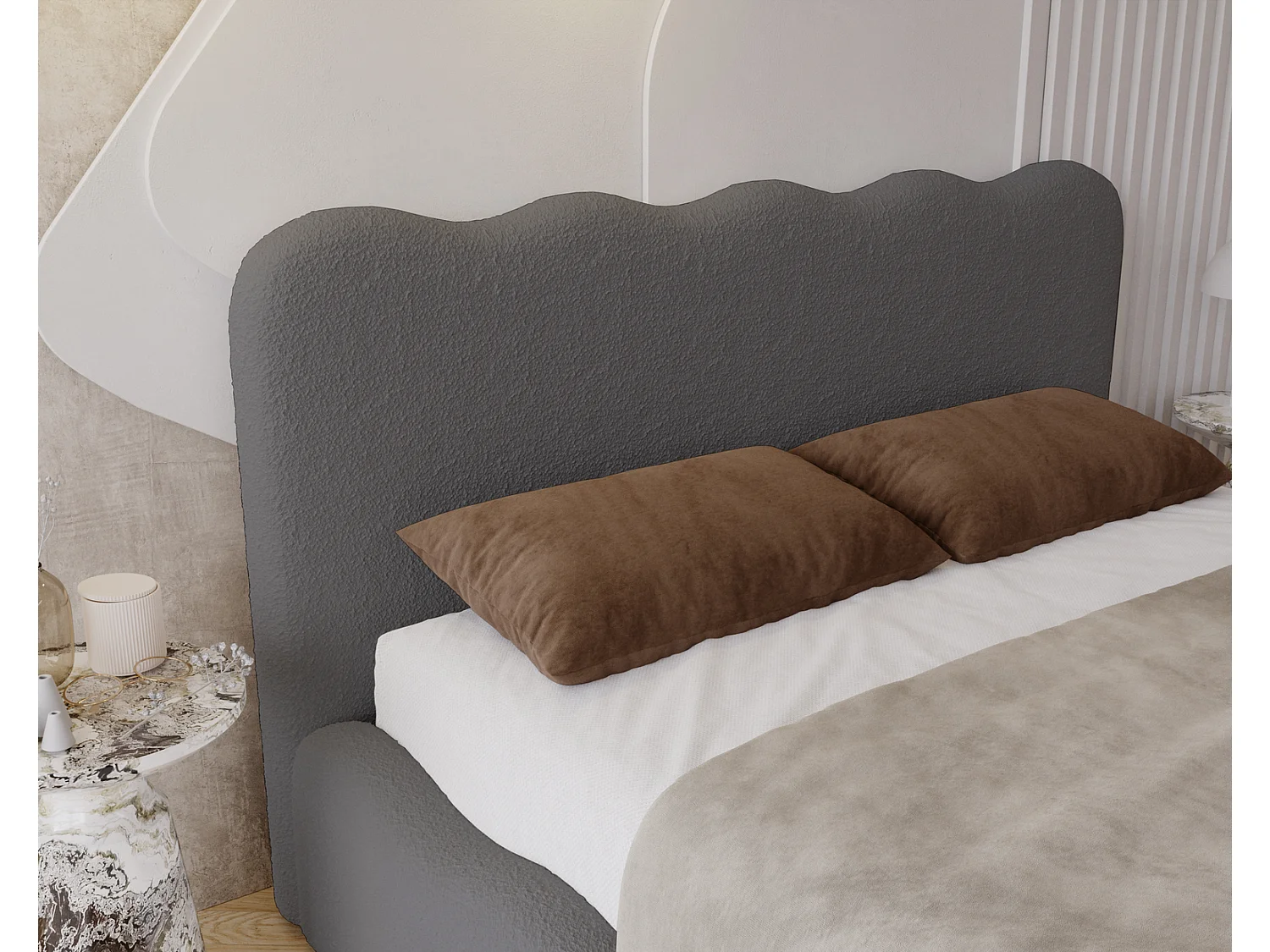 Emporius Polsterbett 200x200 Wave - Doppelbett mit Lattenrost, Bettkasten - Bouclé Dunkelgrau (Anthology 18)