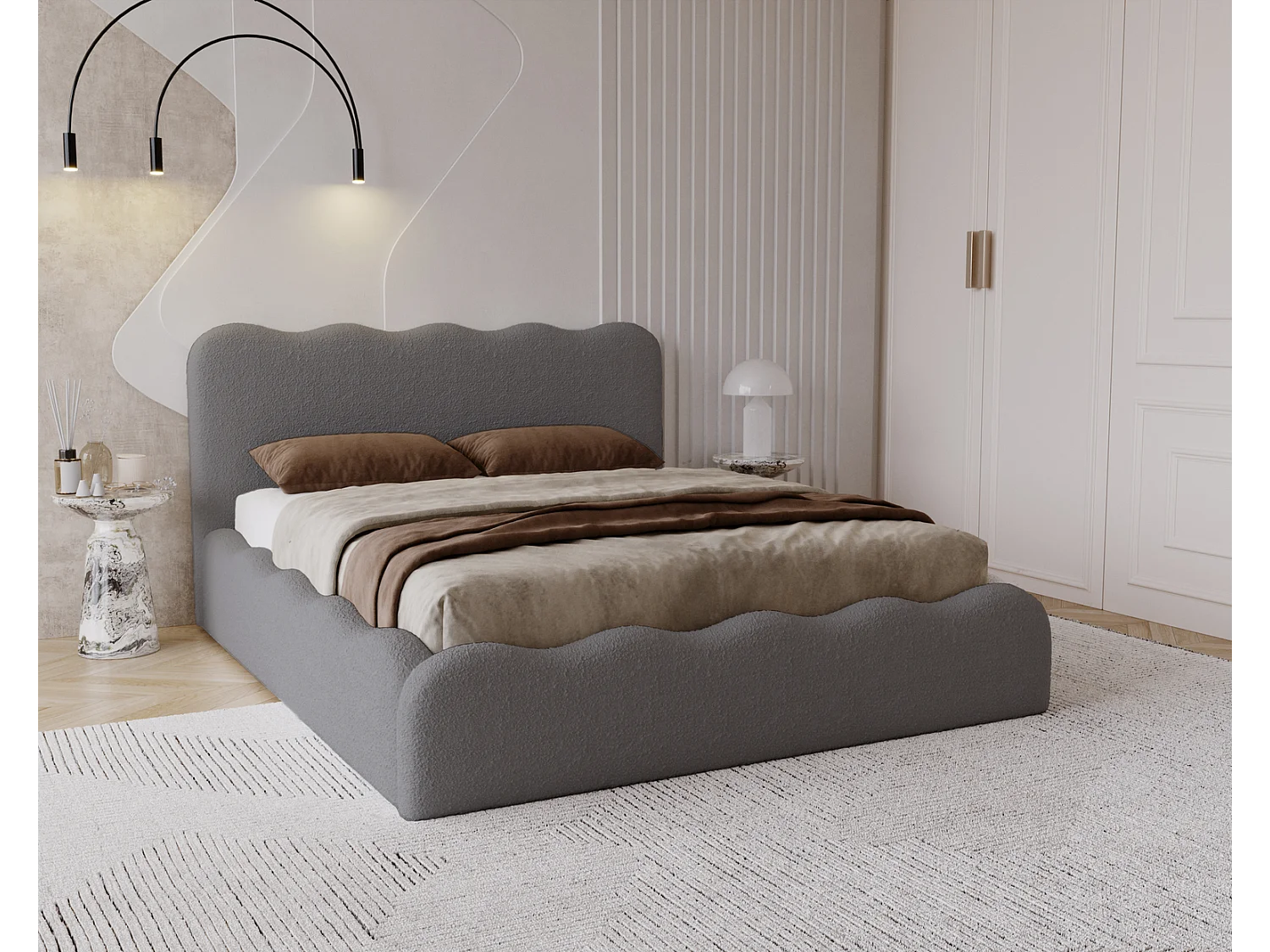 Emporius Polsterbett 200x200 Wave - Doppelbett mit Lattenrost, Bettkasten - Bouclé Dunkelgrau (Anthology 18)