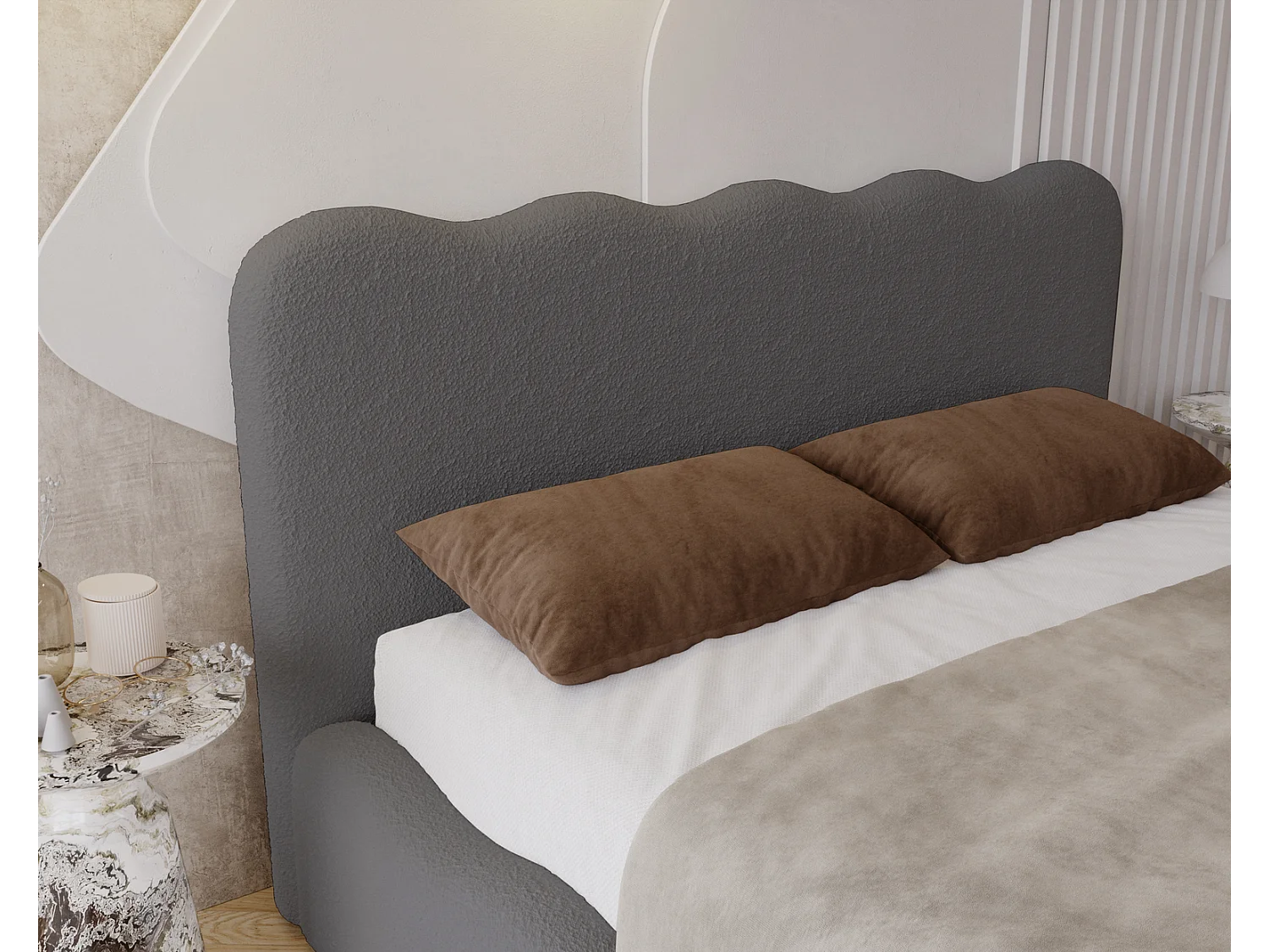 Emporius Polsterbett 200x200 Wave - Doppelbett mit Lattenrost, Bettkasten - Bouclé Dunkelgrau (Anthology 18)