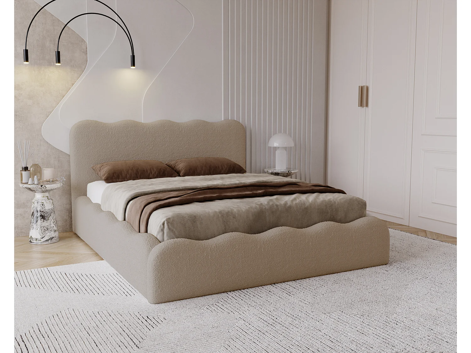 Emporius Lit avec Rangement, Lit double 140 x 200 cm Wave, Lit bouclé Brun (Anthology 5)