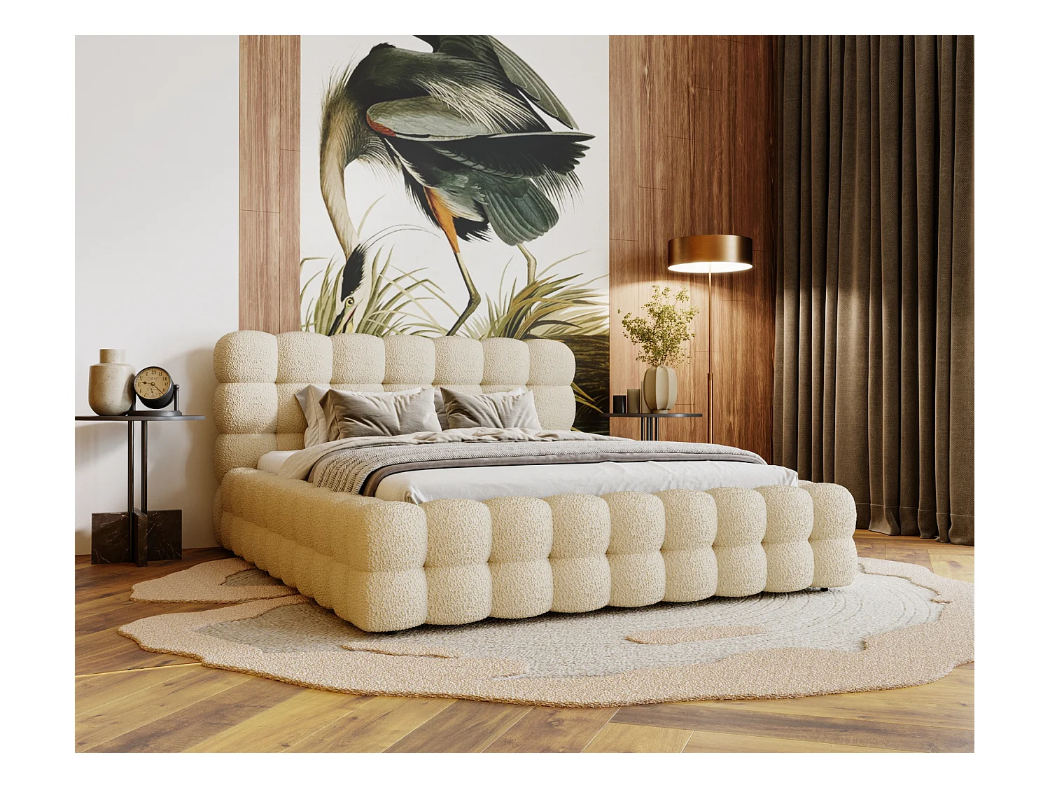 Emporius Lit capitoné Parlas Bis - Lit double 160x200 avec Sommier à Lattes, Rangement - tissu bouclé Beige (Anthology 3)