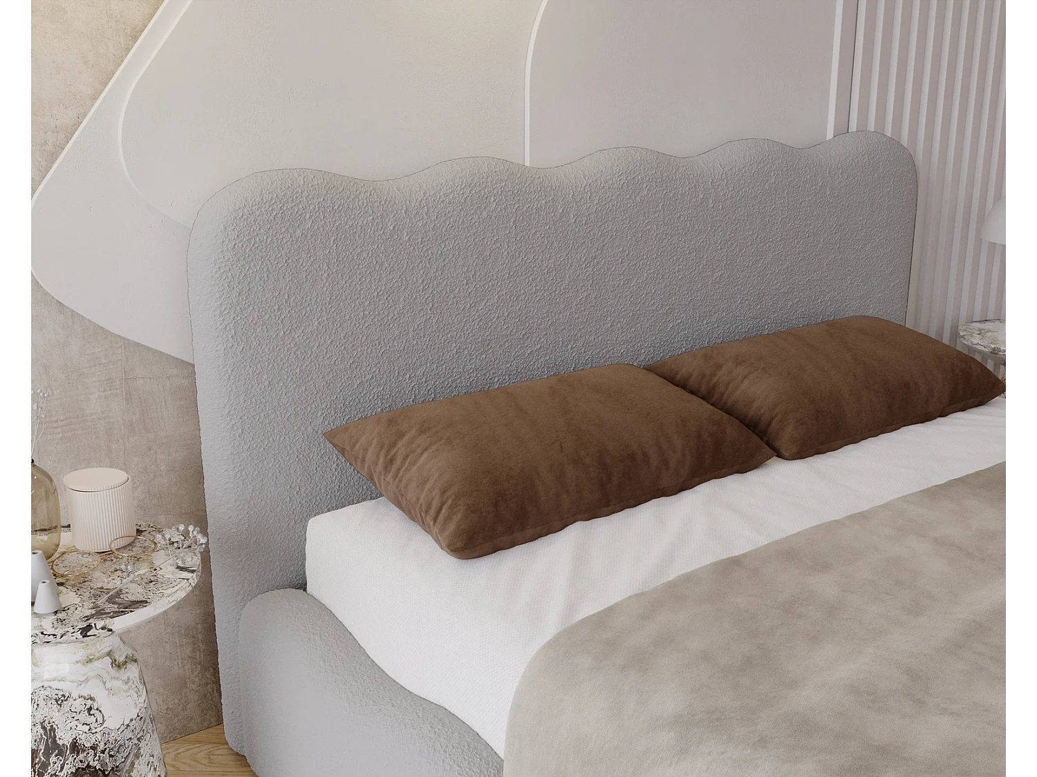 Emporius Gestoffeerd bed 140x200 cm Wave, bed met opbergruimte - Bouclé Lichtgrijs (Anthology 15)