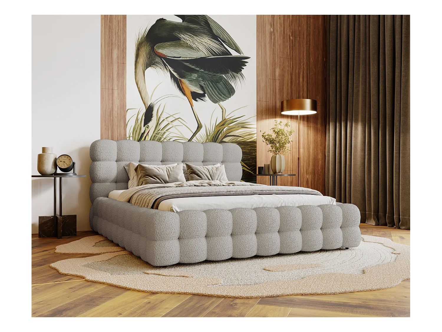 Emporius Lit capitoné Parlas Bis - Lit double 140x200 avec Sommier à Lattes, Rangement - tissu bouclé Gris clair (Anthology 15)