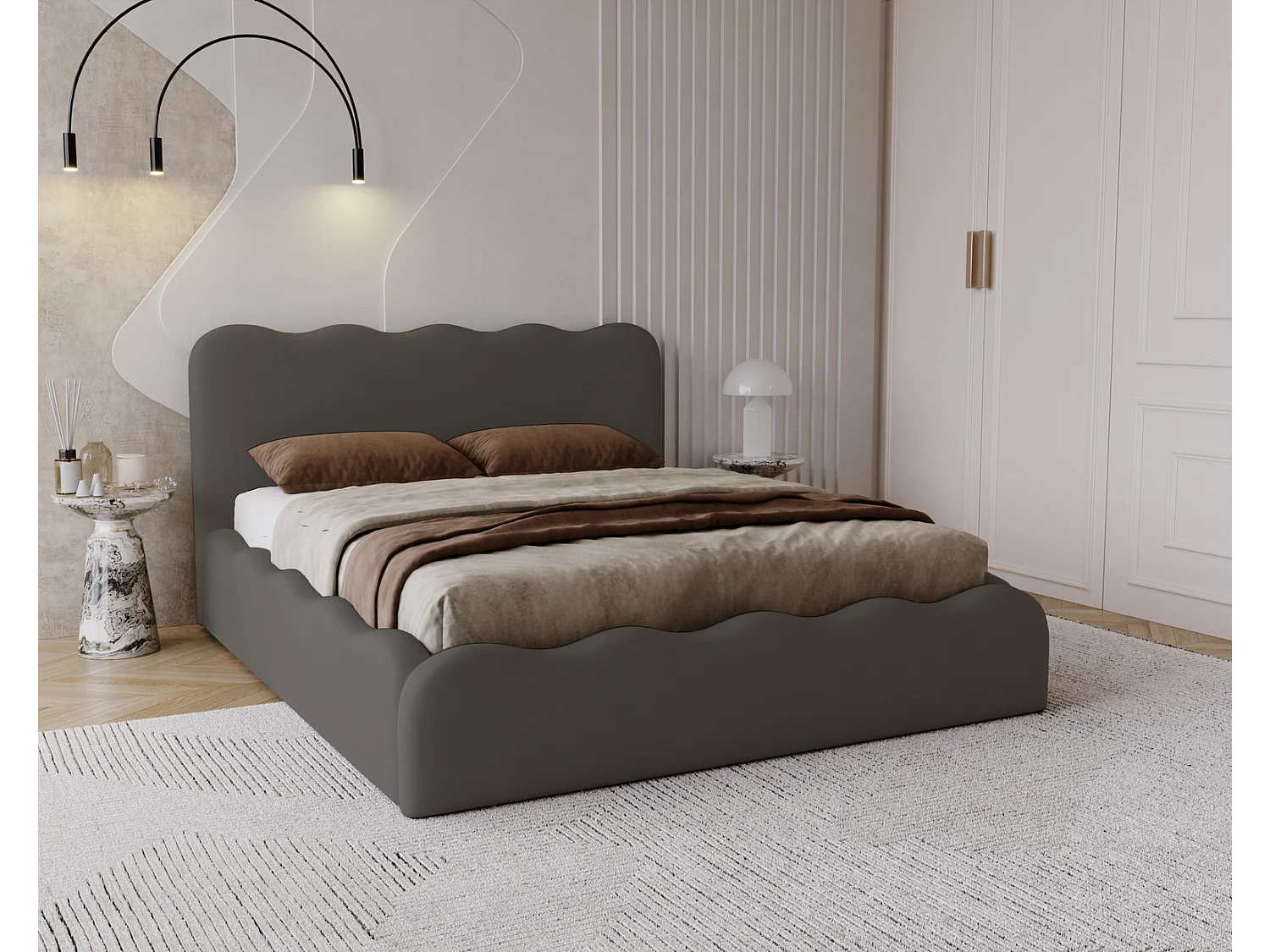 Emporius Gestoffeerd bed 140x200 cm Wave, bed met opbergruimte - fluwelen Donkergrijs (Elegance 18)