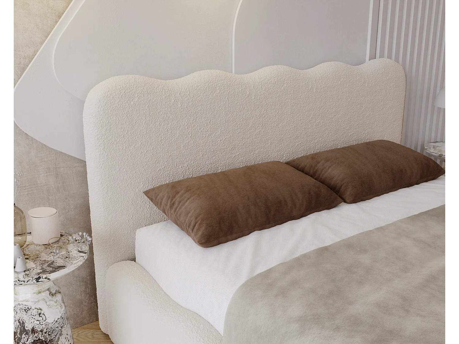 Emporius Polsterbett 160x200 Wave - Doppelbett mit Lattenrost, Bettkasten - Bouclé Beige (Anthology 3)