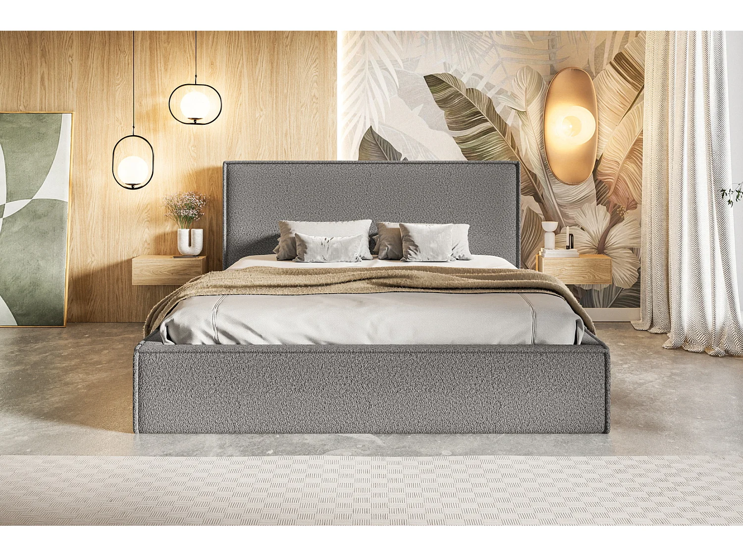 Lit rembourré 160x200 Kyoto avec rangement - tissu bouclé Gris foncé (Anthology 18)