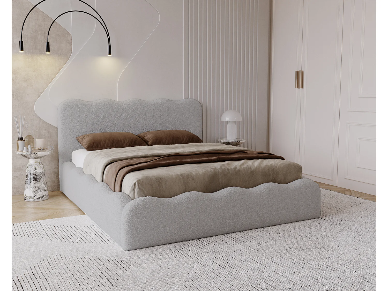 Emporius Gestoffeerd bed 180x200 cm Wave, bed met opbergruimte - Bouclé Lichtgrijs (Anthology 15)