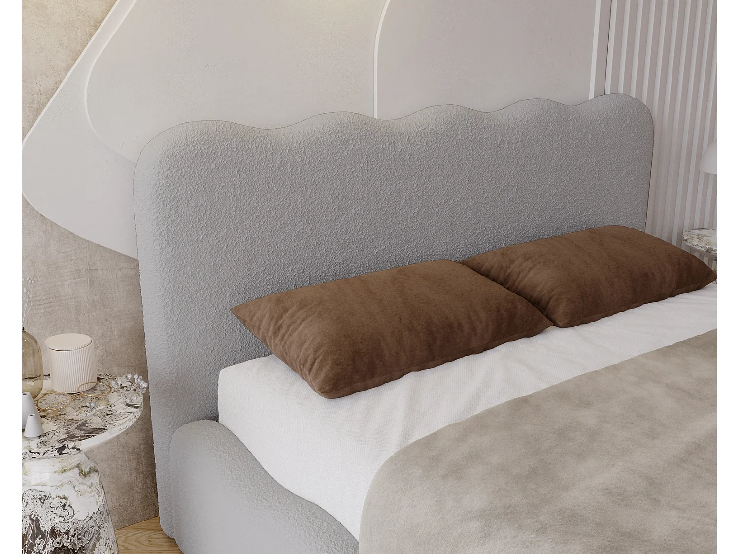 Emporius Gestoffeerd bed 180x200 cm Wave, bed met opbergruimte - Bouclé Lichtgrijs (Anthology 15)