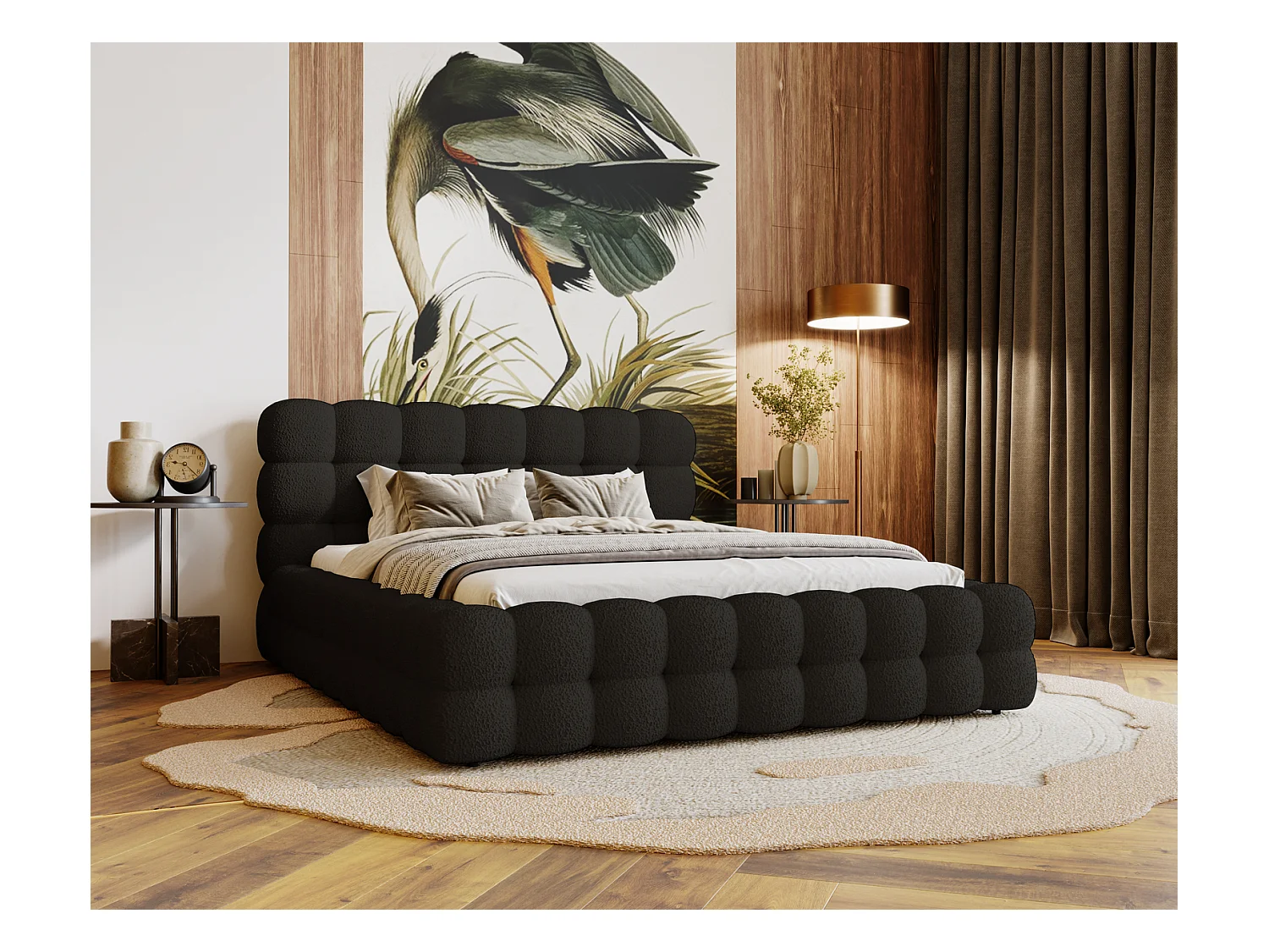 Emporius Lit capitoné Parlas Bis - Lit double 200x200 avec Sommier à Lattes, Rangement - tissu bouclé Noir (Anthology 19)