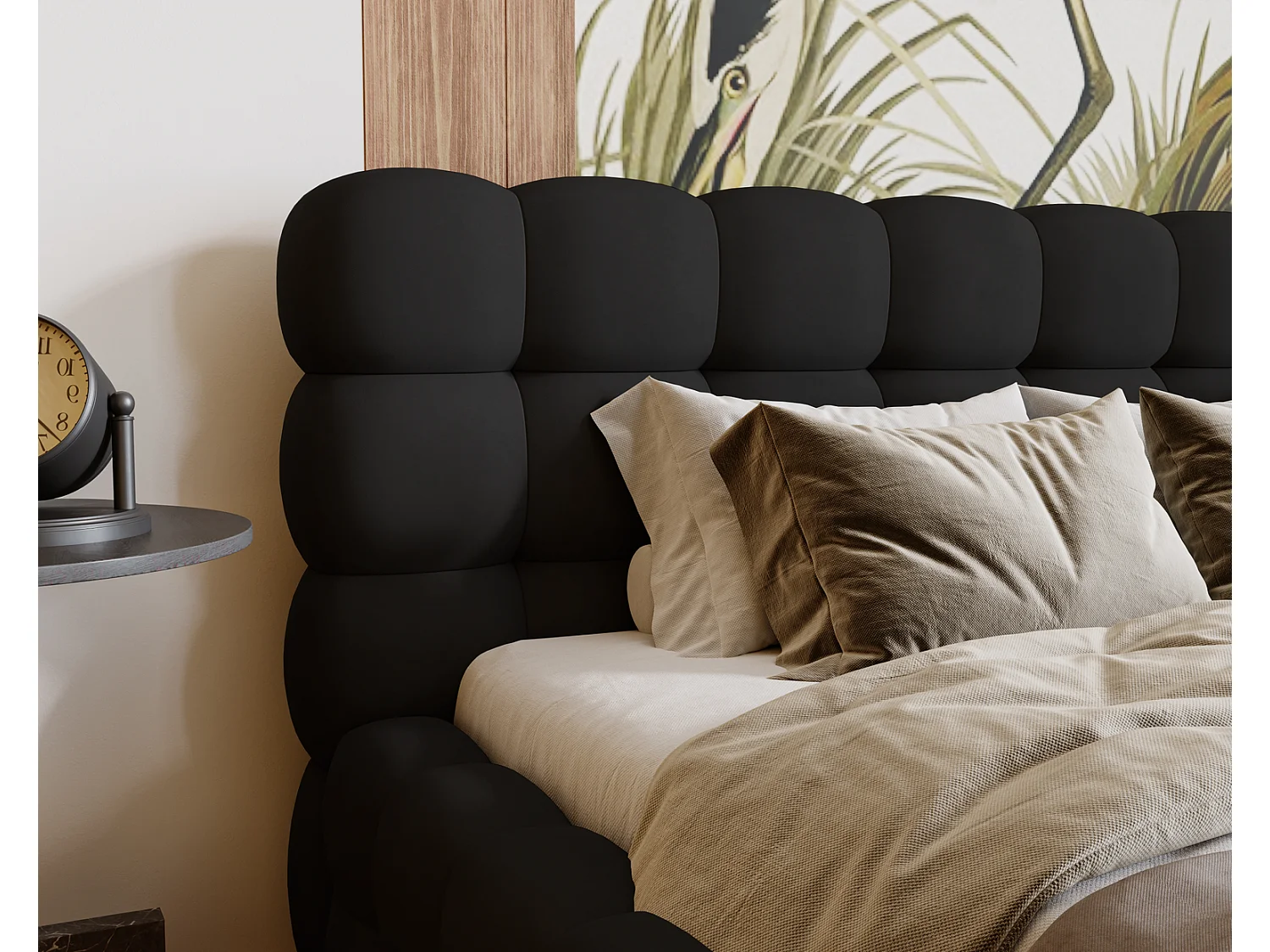 Emporius Lit capitoné Parlas Bis - Lit double 140x200 avec Sommier à Lattes, Rangement - tissu Velvet Noir (Amor Velvet 4322)
