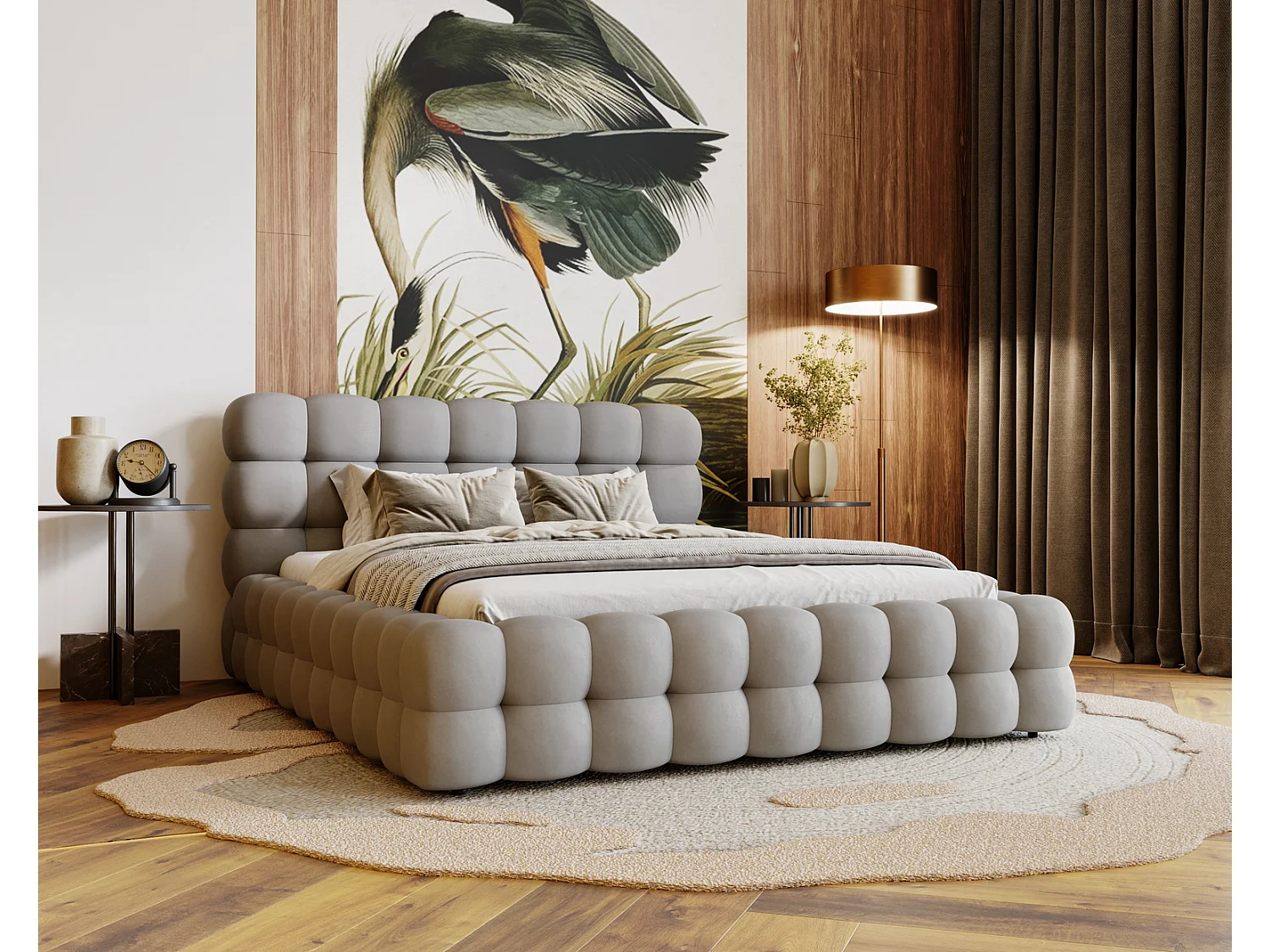 Emporius Lit capitoné Parlas Bis - Lit double 200x200 avec Sommier à Lattes, Rangement - tissu Velvet Gris (Amor Velvet 4318)
