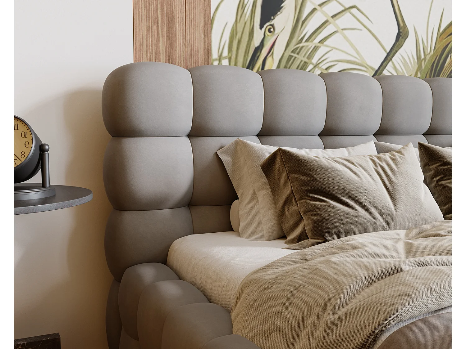 Emporius Lit capitoné Parlas Bis - Lit double 200x200 avec Sommier à Lattes, Rangement - tissu Velvet Gris (Amor Velvet 4318)