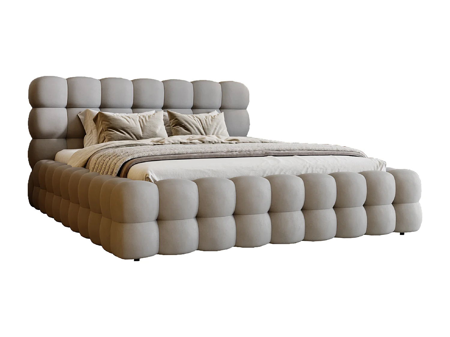 Emporius Lit capitoné Parlas Bis - Lit double 200x200 avec Sommier à Lattes, Rangement - tissu Velvet Gris (Amor Velvet 4318)