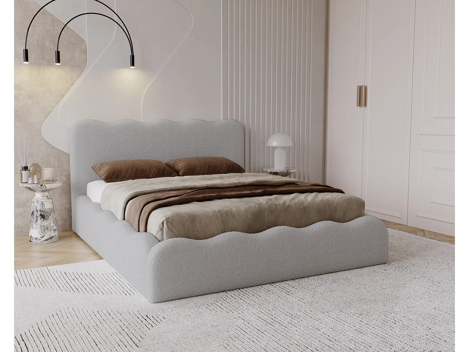Emporius Gestoffeerd bed 200x200 cm Wave, bed met opbergruimte - Bouclé Lichtgrijs (Anthology 15)