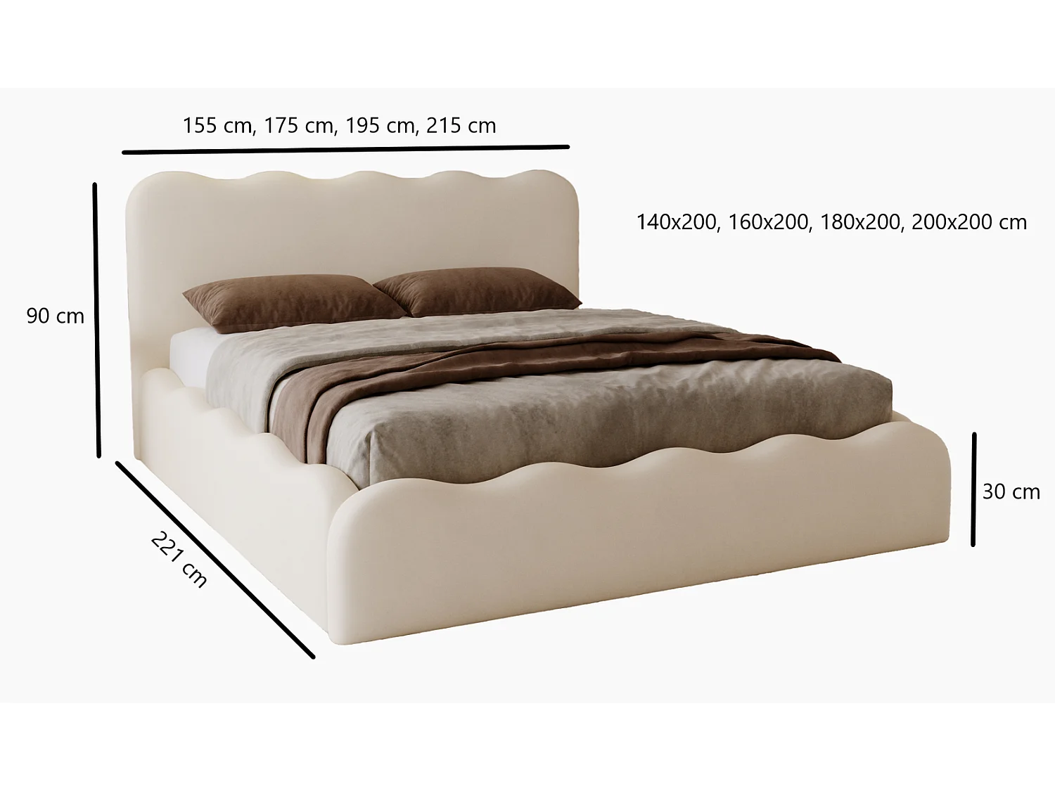 Emporius Gestoffeerd bed 200x200 cm Wave, bed met opbergruimte - Bouclé Lichtgrijs (Anthology 15)