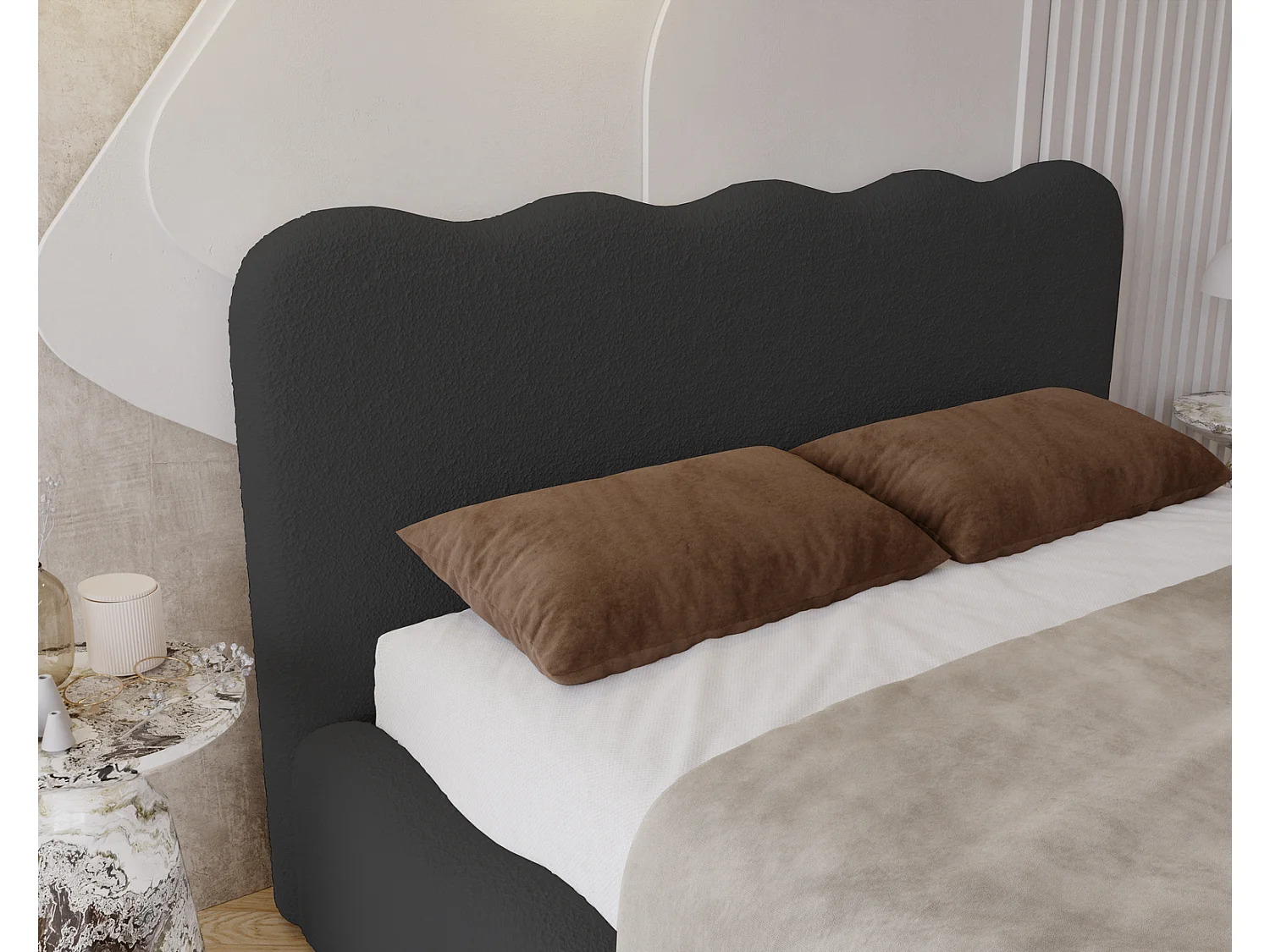 Emporius Gestoffeerd bed 160x200 cm Wave, bed met opbergruimte - Bouclé Zwart (Anthology 19)