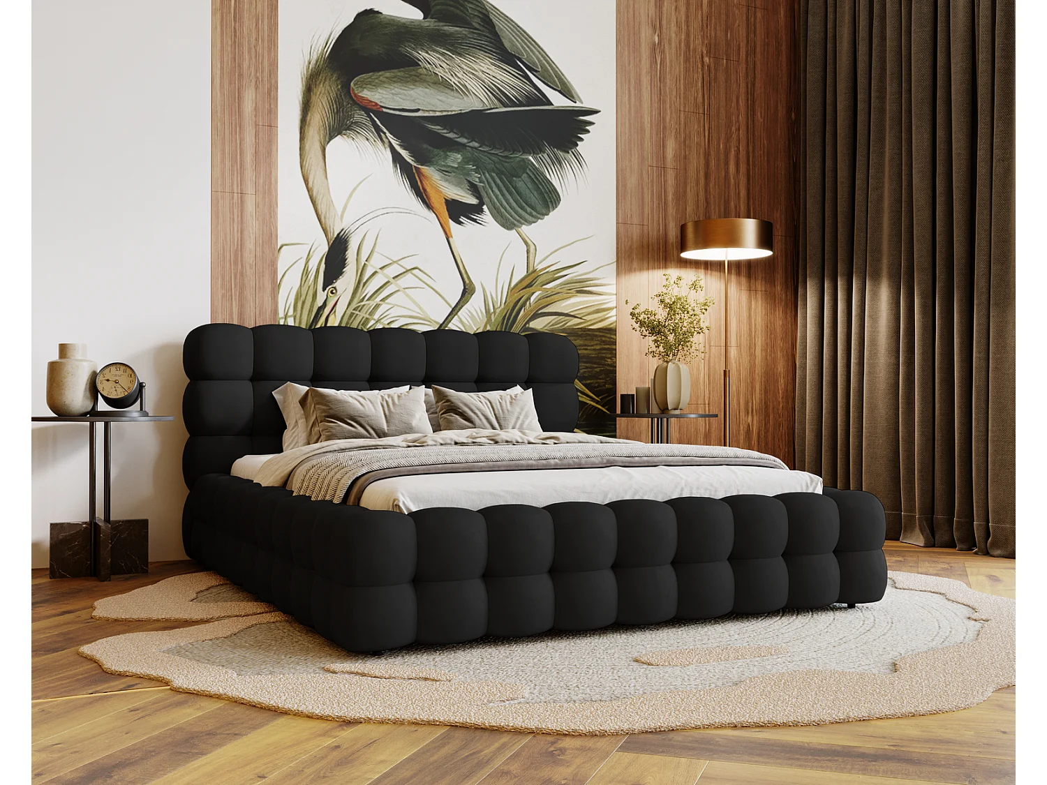 Emporius Lit capitoné Parlas Bis - Lit double 180x200 avec Sommier à Lattes, Rangement - tissu Velvet Noir (Amor Velvet 4322)