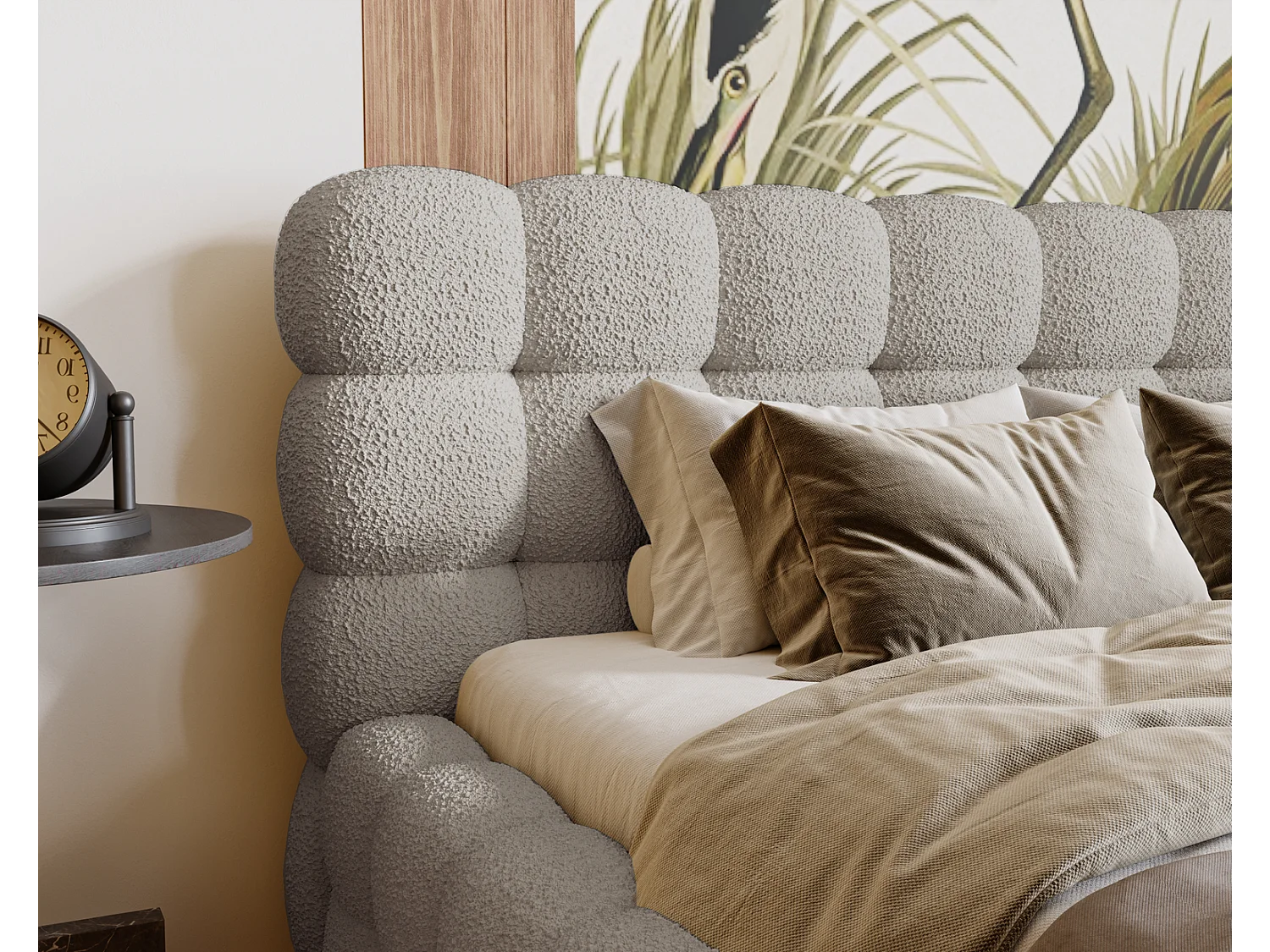 Emporius Lit capitoné Parlas Bis - Lit double 160x200 avec Sommier à Lattes, Rangement - tissu bouclé Gris clair (Anthology 15)