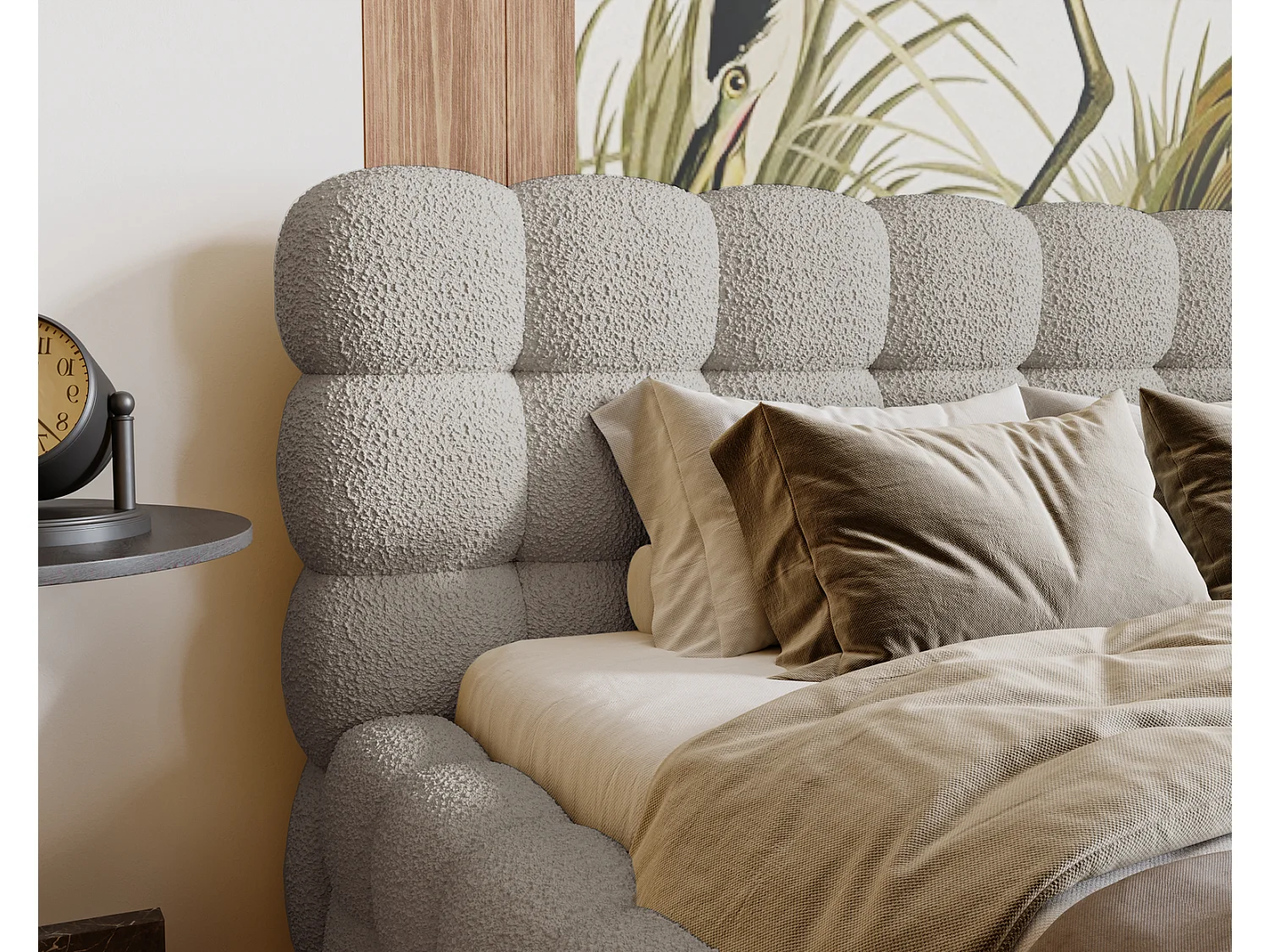 Emporius Gestoffeerd bed 160x200 cm Parlas Bis - luxe bed met met opbergruimte, Bouclé Lichtgrijs (Anthology 15)