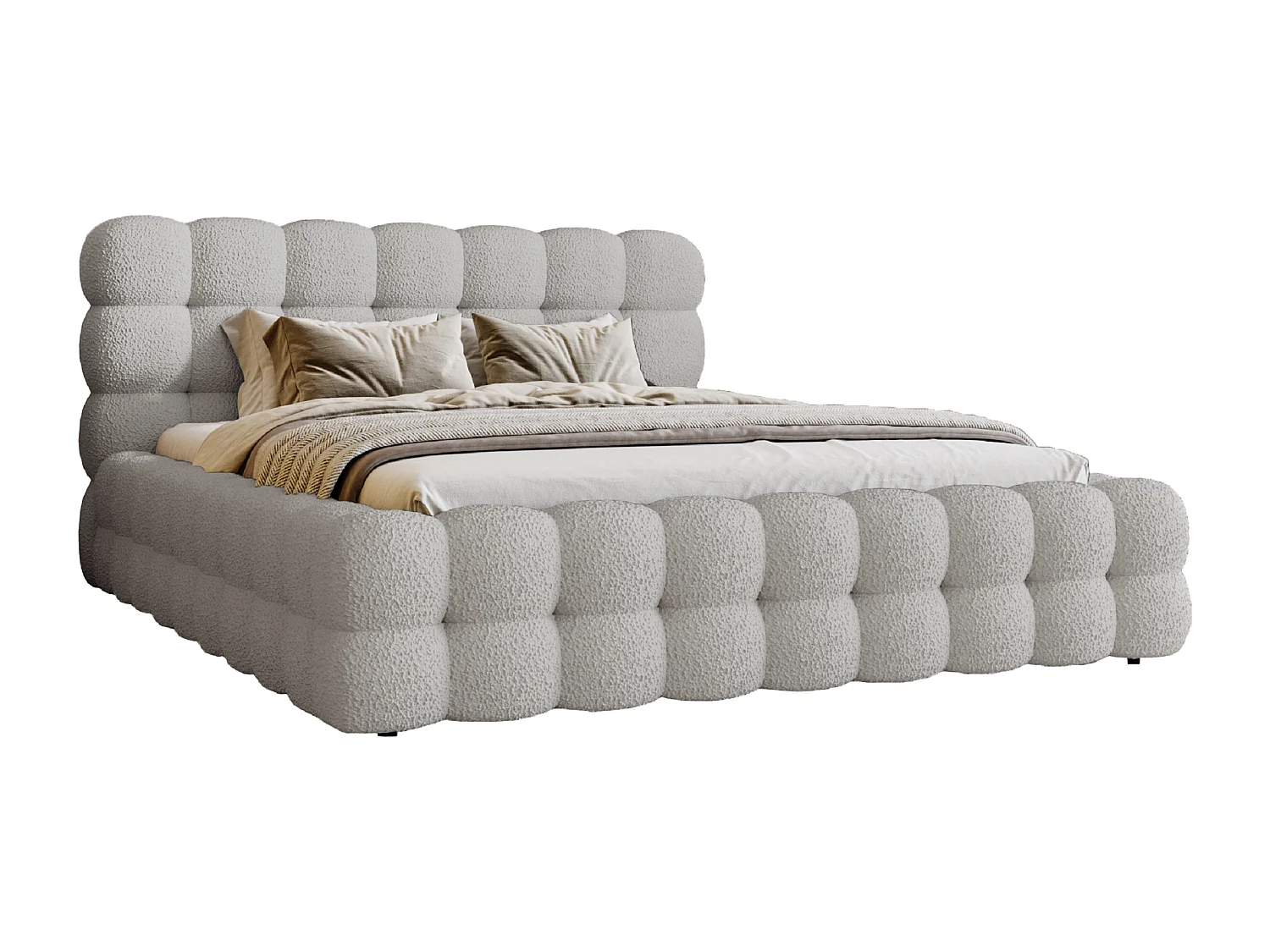 Emporius Lit capitoné Parlas Bis - Lit double 160x200 avec Sommier à Lattes, Rangement - tissu bouclé Gris clair (Anthology 15)