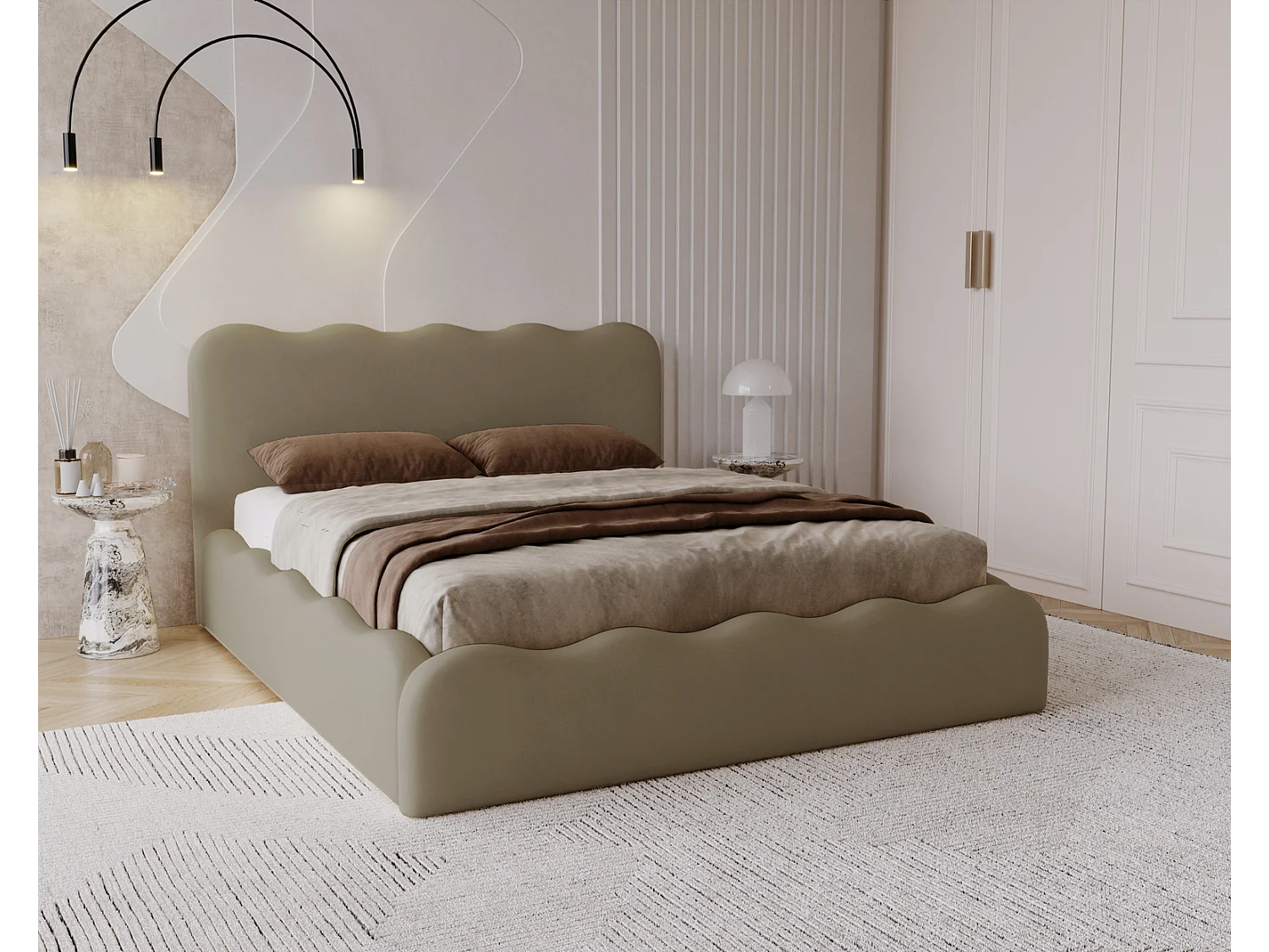 Emporius Gestoffeerd bed 160x200 cm Wave, bed met opbergruimte - fluwelen Bruin (Elegance 5)