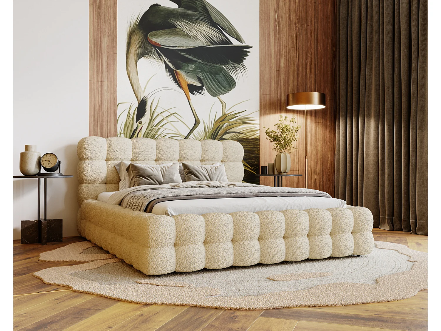 Emporius Doppelbett 140x200 Parlas Bis, Schaumstoff - Polsterbett mit Lattenrost - Bouclé stoff Beige (Anthology 3)