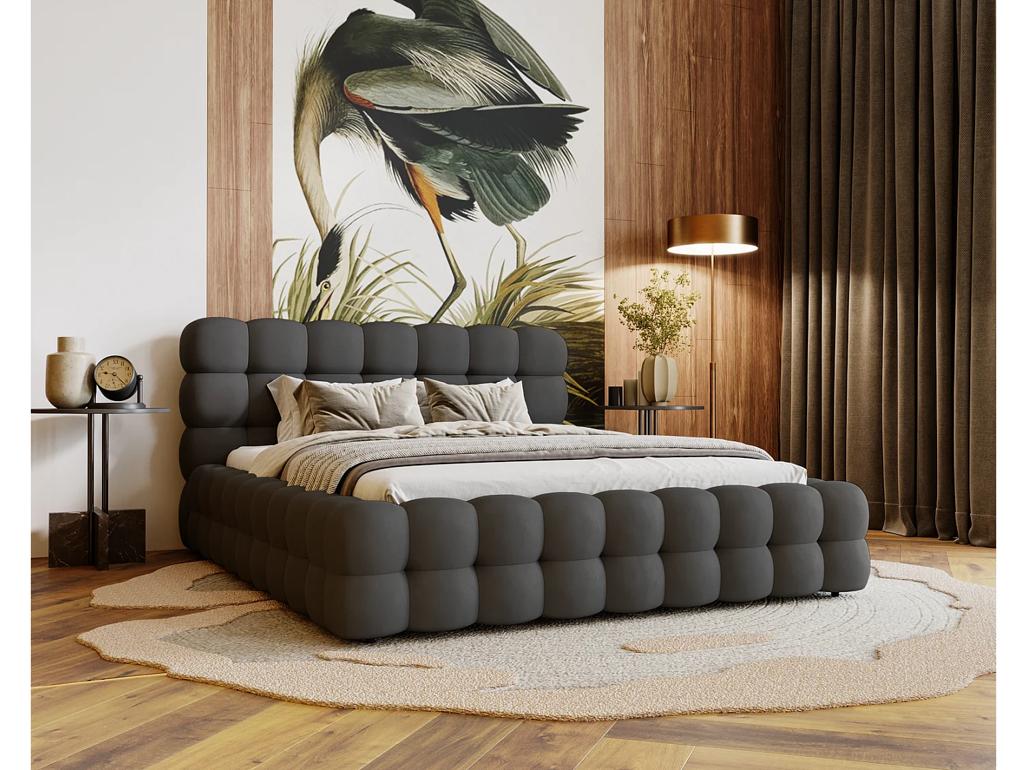 Emporius Doppelbett 140x200 Parlas Bis, Schaumstoff - Polsterbett mit Lattenrost - Velvet stoff Dunkelgrau (Amor Velvet 4321)