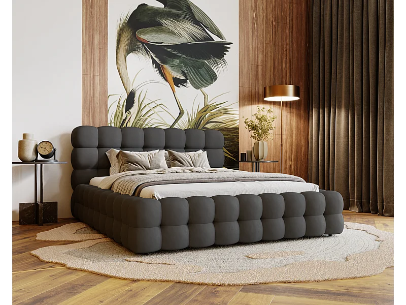 Emporius Doppelbett 140x200 Parlas Bis, Schaumstoff - Polsterbett mit Lattenrost - Velvet stoff Dunkelgrau (Amor Velvet 4321)