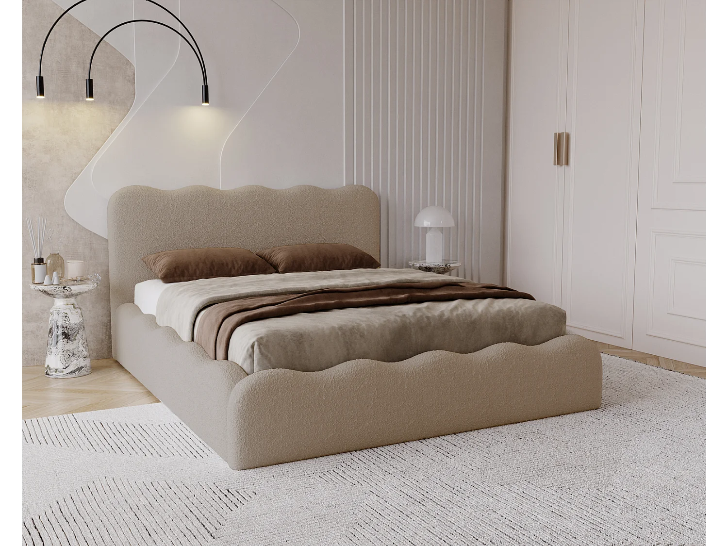 Emporius Polsterbett 160x200 Wave - Doppelbett mit Lattenrost, Bettkasten - Bouclé Braun (Anthology 5)