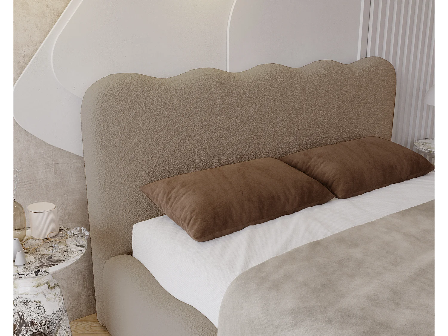 Emporius Polsterbett 160x200 Wave - Doppelbett mit Lattenrost, Bettkasten - Bouclé Braun (Anthology 5)