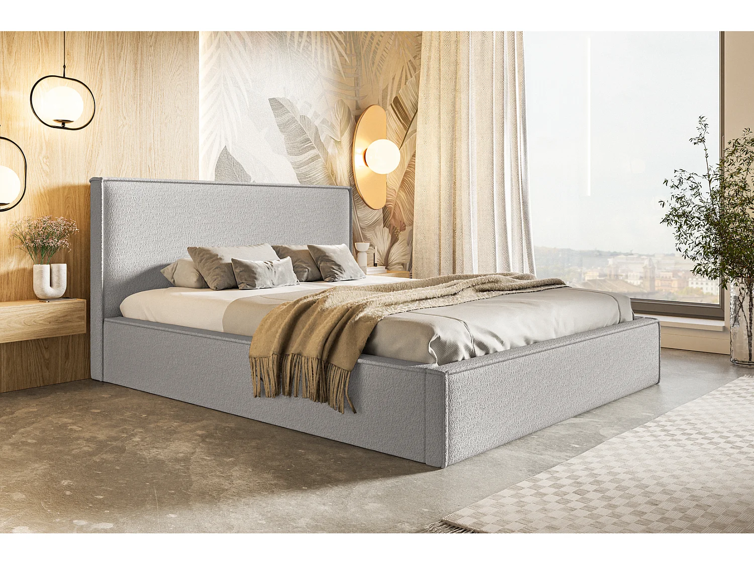 Emporius Gestoffeerd bed 160x200 Kyoto - tweepersoonsbed met opbergruimte - Bouclé Lichtgrijs (Anthology 15)