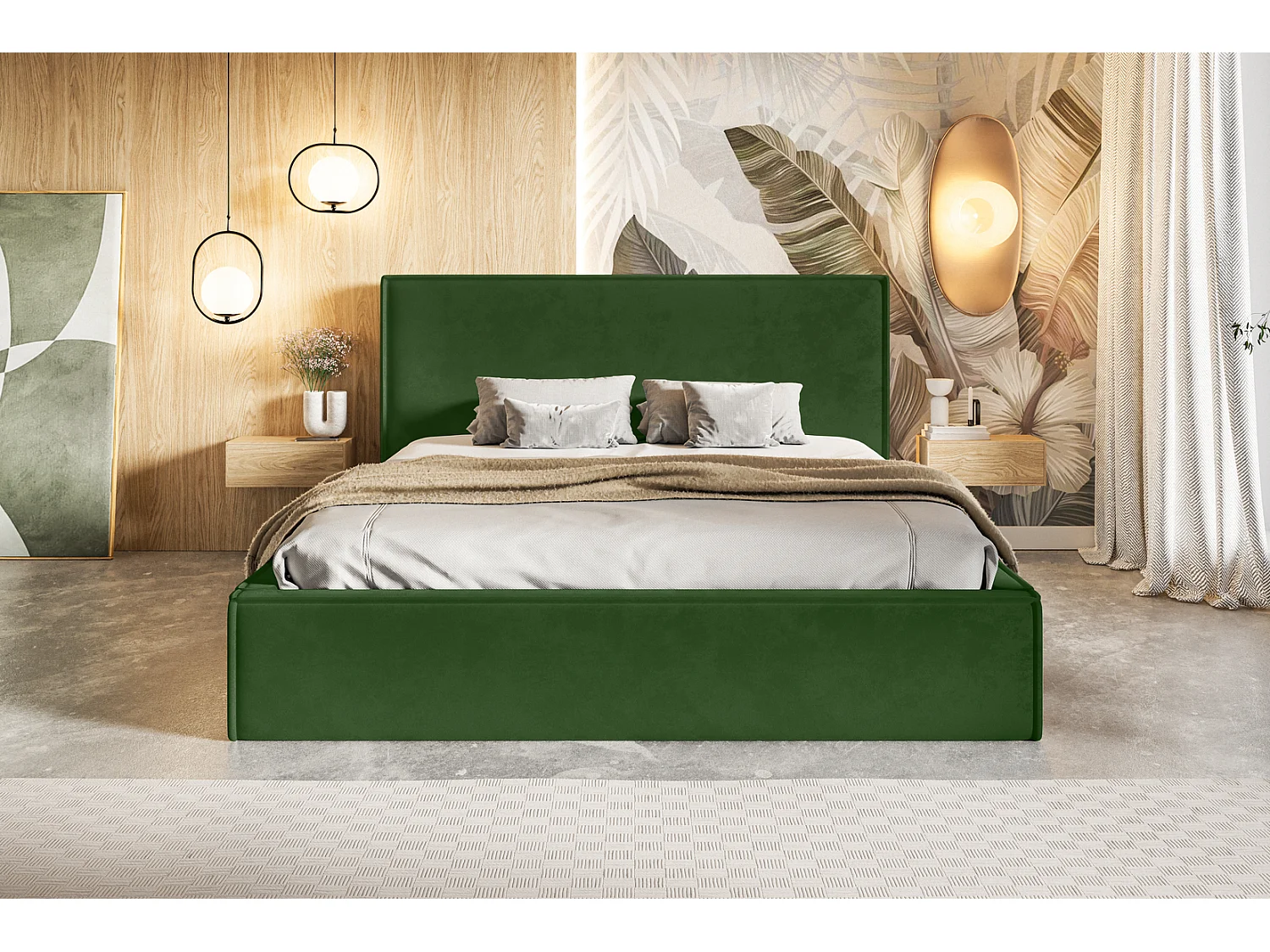 Emporius Lit coffre 140 x 200 Kyoto - Lit adulte avec Sommier à Lattes - lit avec tissu Velvet Vert (Amor Velvet 4311)