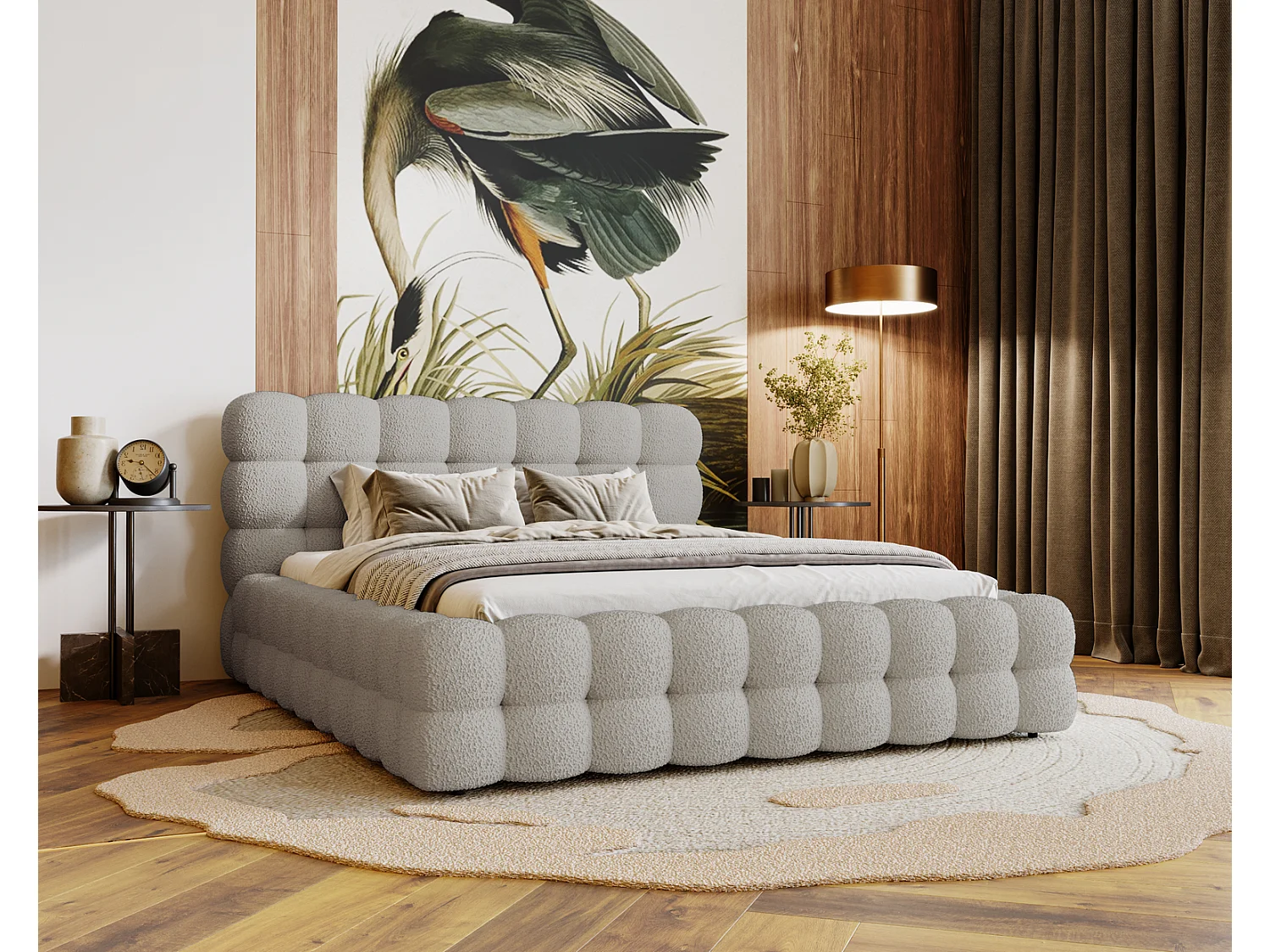 Emporius Gestoffeerd bed 180x200 cm Parlas Bis - luxe bed met met opbergruimte, Bouclé Lichtgrijs (Anthology 15)