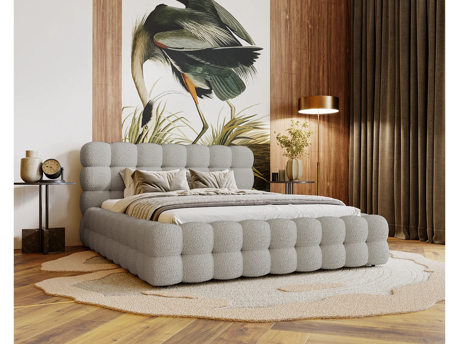 Emporius Doppelbett 180x200 Parlas Bis, Schaumstoff - Polsterbett mit Lattenrost - Bouclé stoff Hellgrau (Anthology 15)