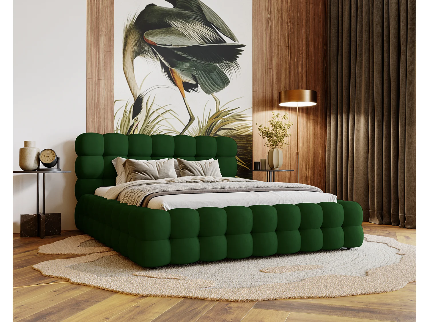 Emporius Lit capitoné Parlas Bis - Lit double 140x200 avec Sommier à Lattes, Rangement - tissu Velvet Vert (Amor Velvet 4311)