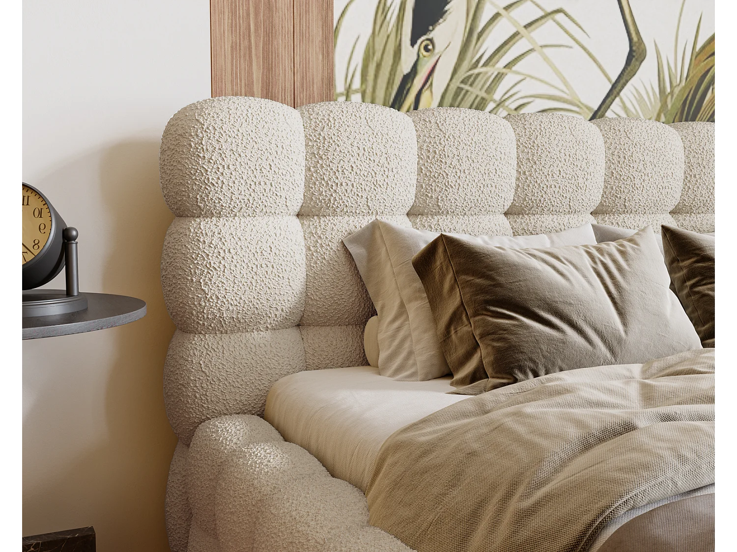 Emporius Doppelbett 160x200 Parlas Bis, Schaumstoff - Polsterbett mit Lattenrost - Bouclé stoff Creme (Anthology 1)