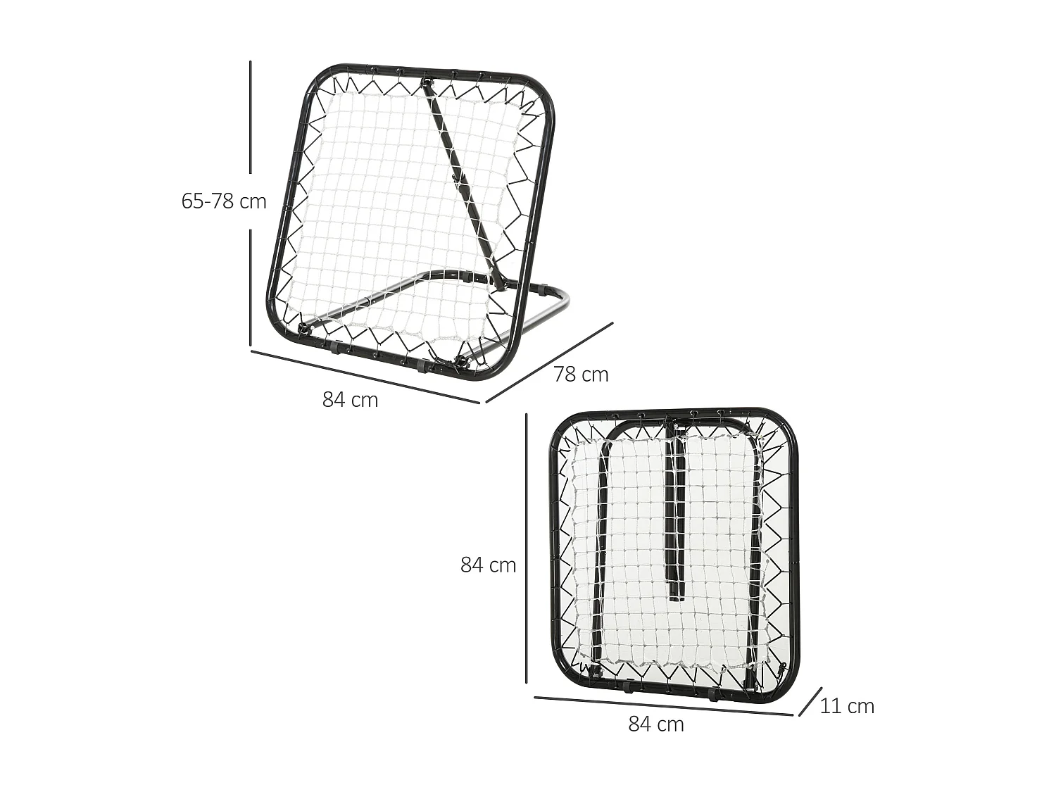 Filet de rebond de football pliable - inclinaison réglable 5 positions - dim. 84L x 78l x 78H cm - piquets d'ancrage inclus filet PE blanc métal époxy noir