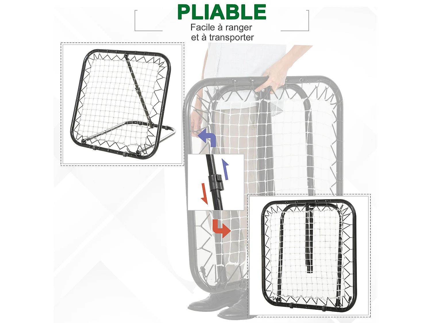 Filet de rebond de football pliable - inclinaison réglable 5 positions - dim. 84L x 78l x 78H cm - piquets d'ancrage inclus filet PE blanc métal époxy noir