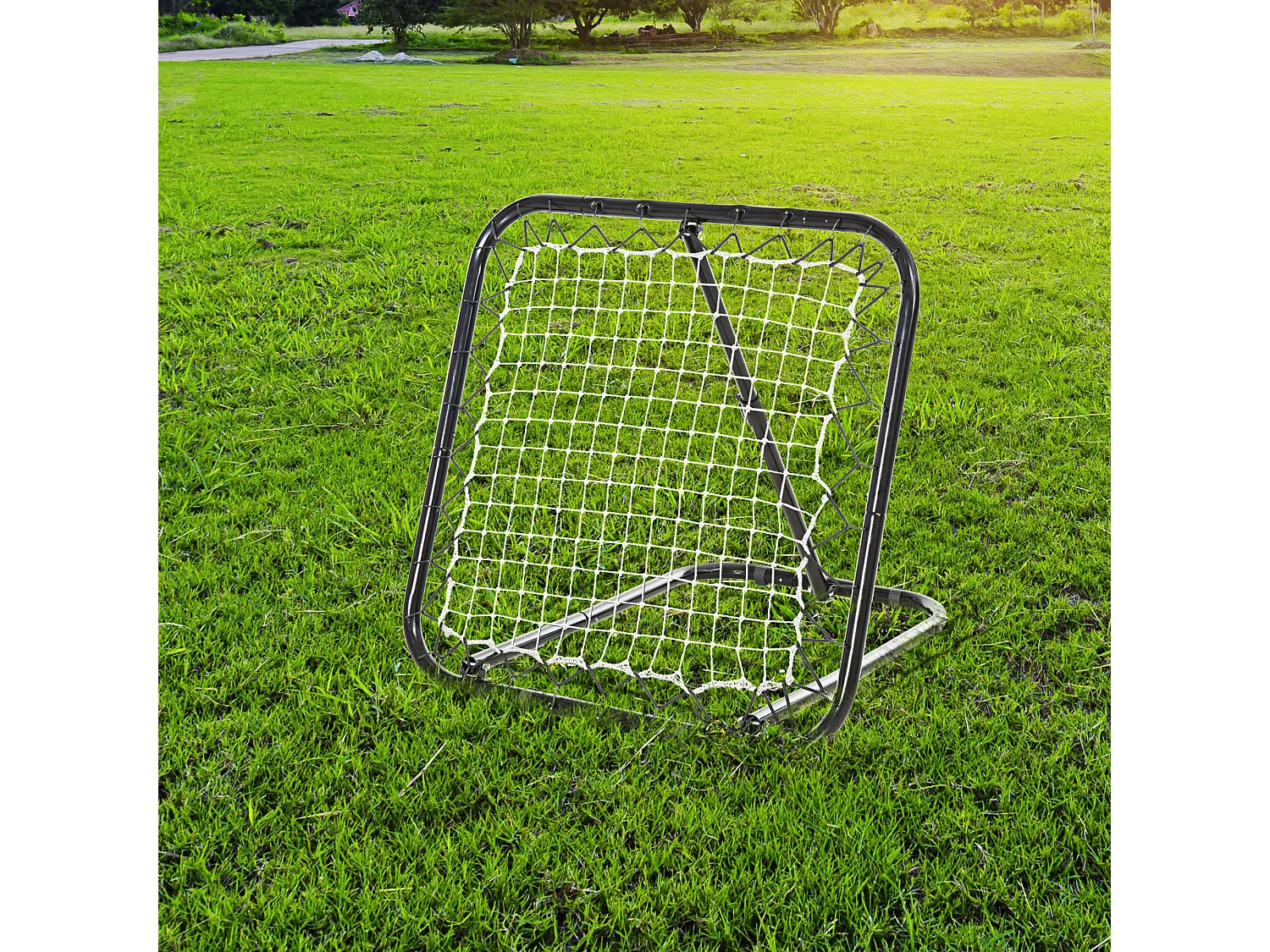 Filet de rebond de football pliable - inclinaison réglable 5 positions - dim. 84L x 78l x 78H cm - piquets d'ancrage inclus filet PE blanc métal époxy noir