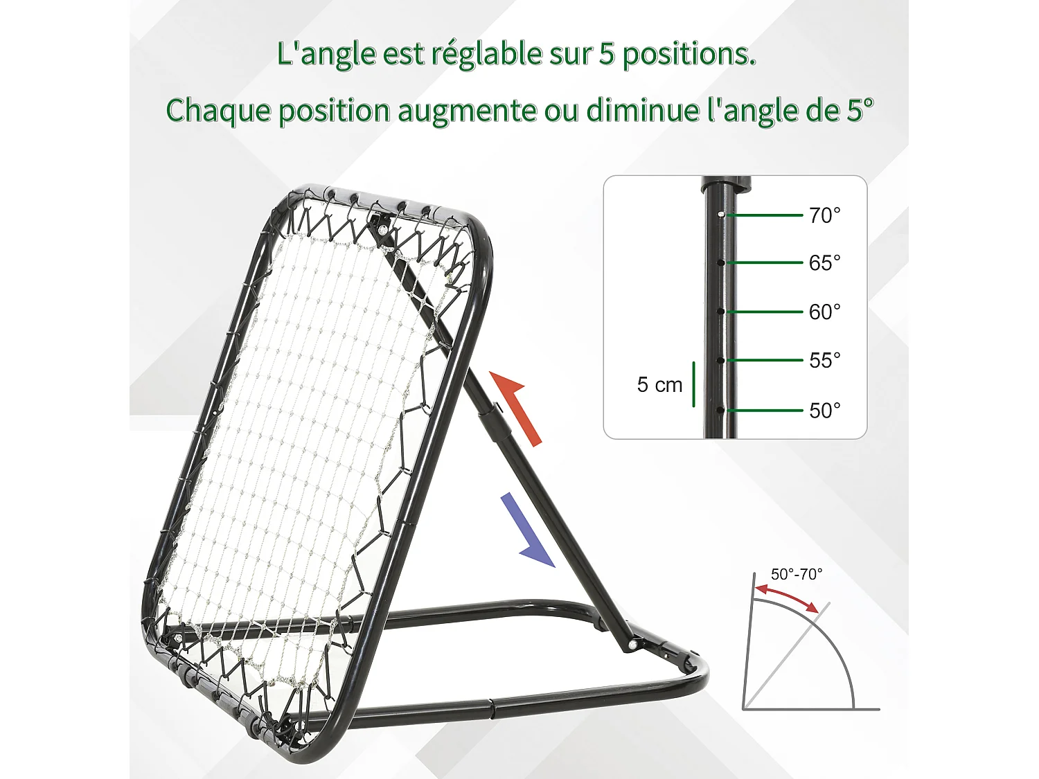 Filet de rebond de football pliable - inclinaison réglable 5 positions - dim. 84L x 78l x 78H cm - piquets d'ancrage inclus filet PE blanc métal époxy noir