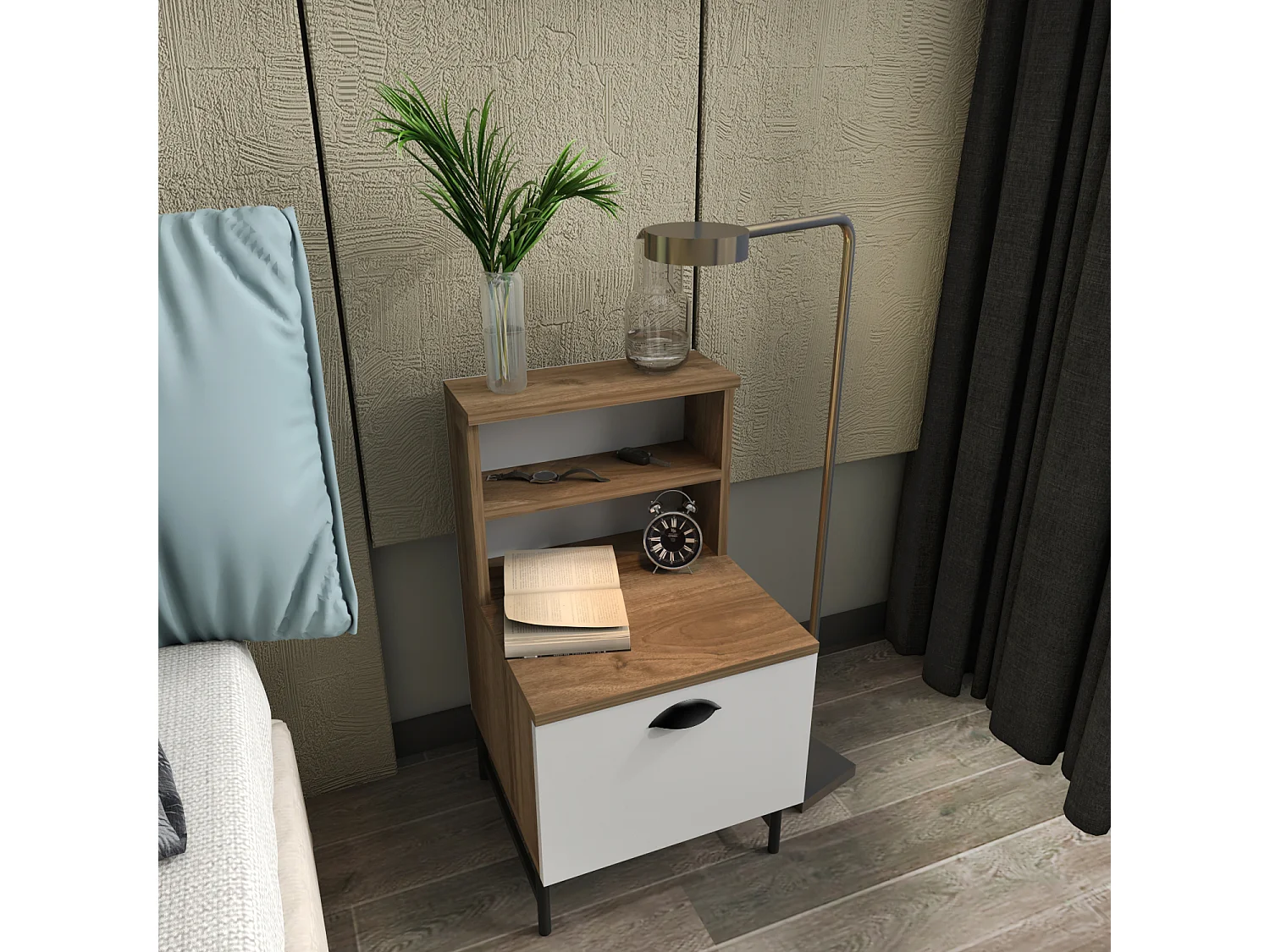 Table de nuit, chifonnier Cressi avec armoire  (Noyer et Blanc et Noir)