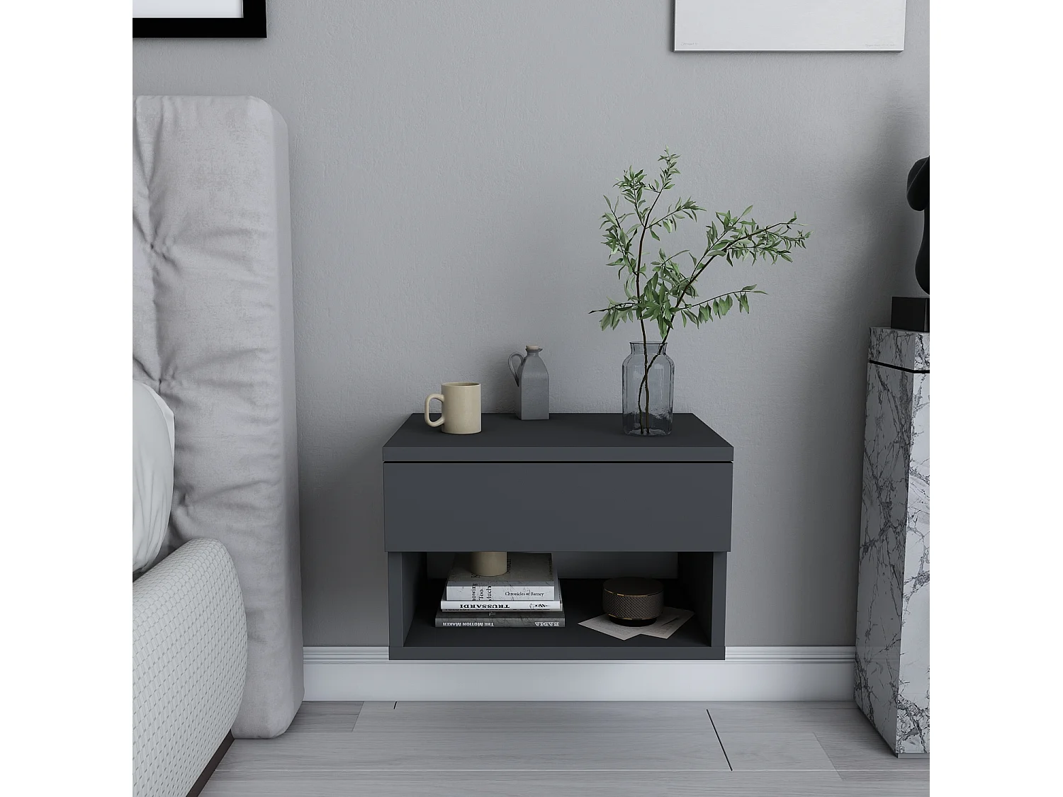 Table de chevet flottante Jamot avec tiroir et étagère ouverte (Anthracite)