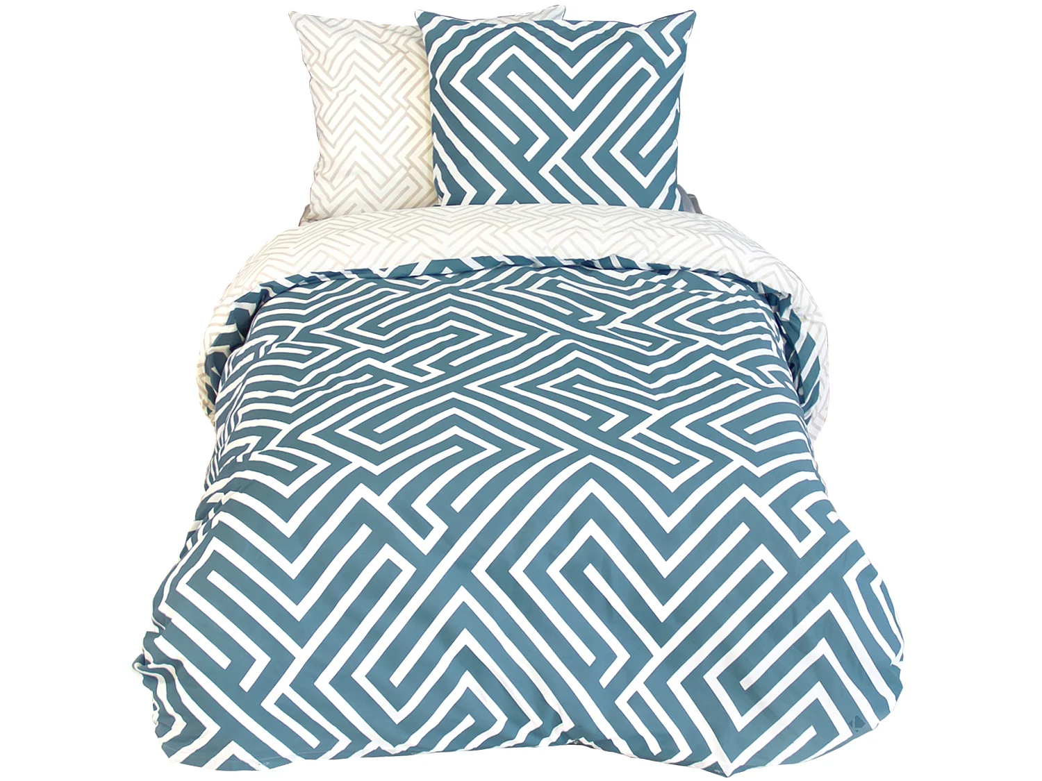 Parure de lit 260x240 cm pur coton PHOSY motif géométrique bleu 3 pièces