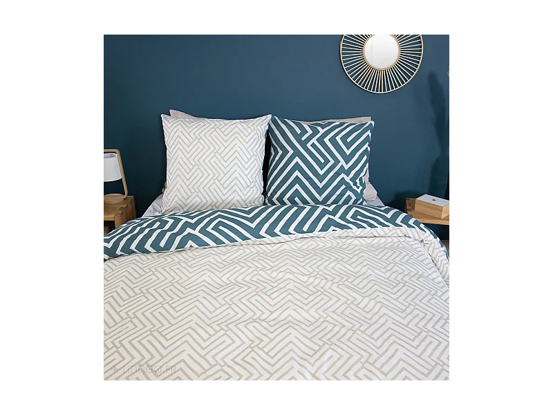 Parure de lit 140x200 cm pur coton collection PHOSY motif géométrique bleu 2 pièces