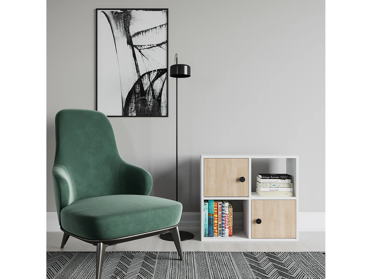 Bibliothèque Tuttle minimaliste avec deux étageres et deux armoires 63 cm H  (Blanc et chêne)