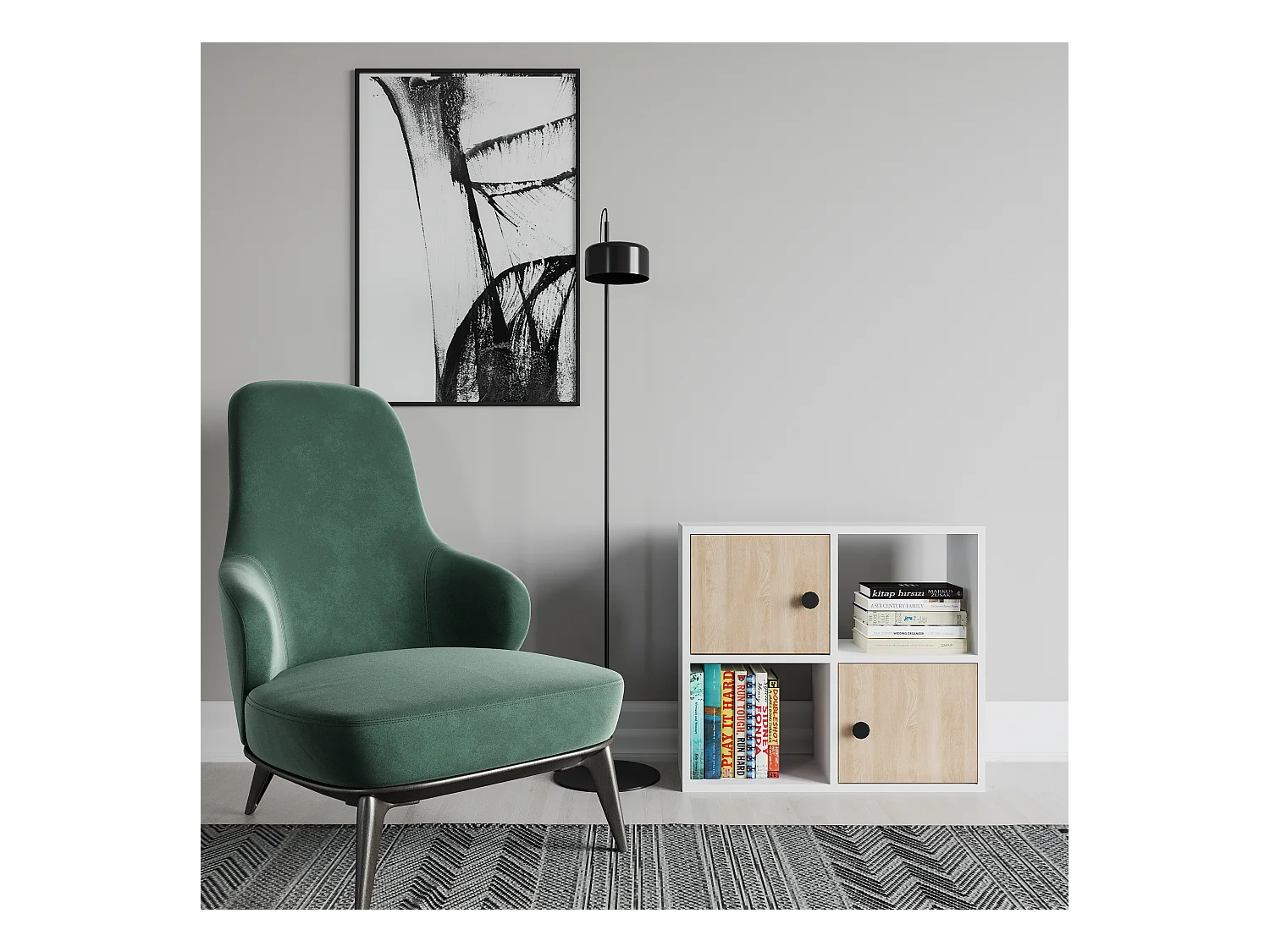 Bibliothèque Tuttle minimaliste avec deux étageres et deux armoires 63 cm H  (Blanc et chêne)